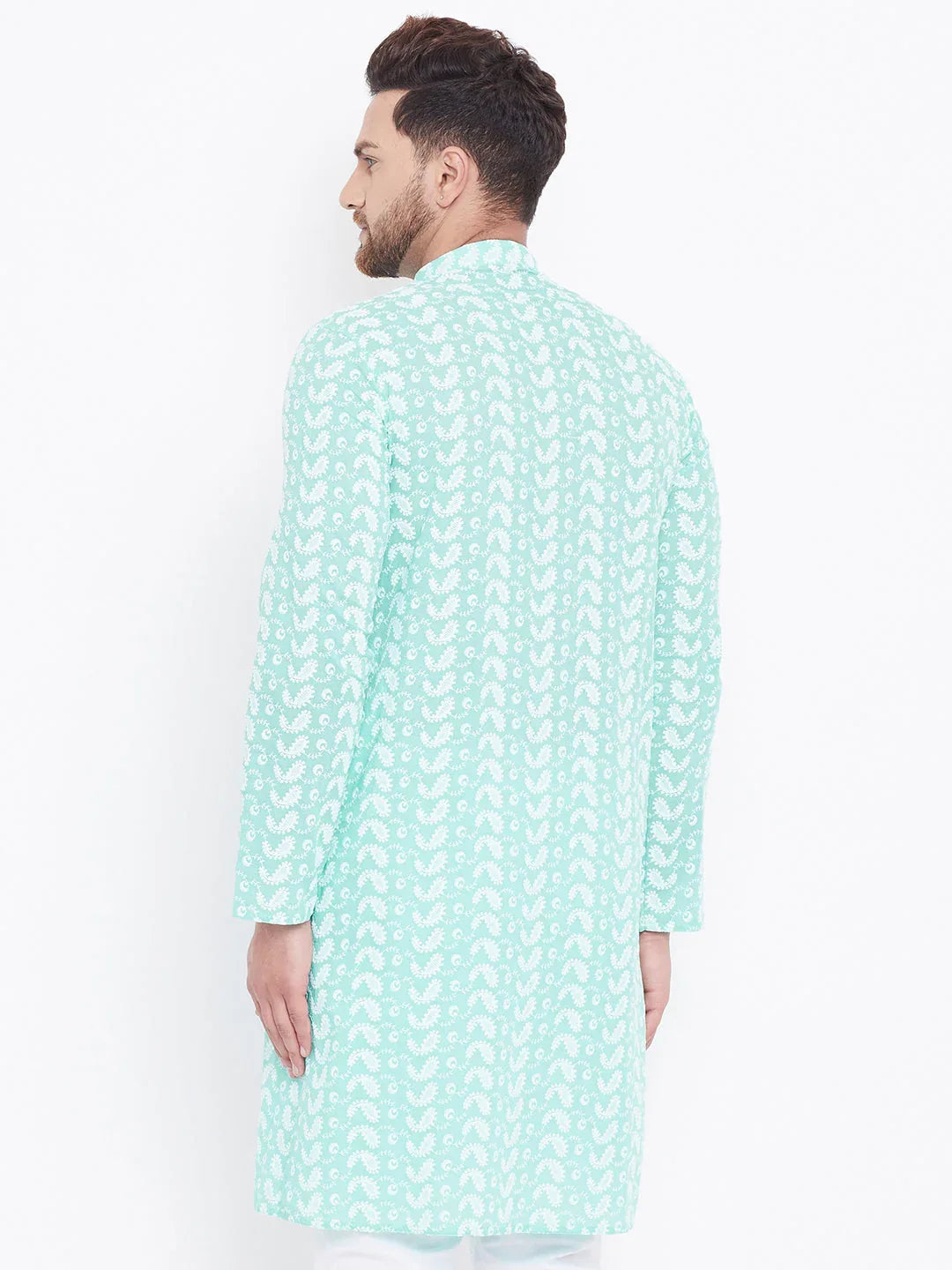 VASTRAMAY Men's Green Pure Cotton Chikankari Kurta