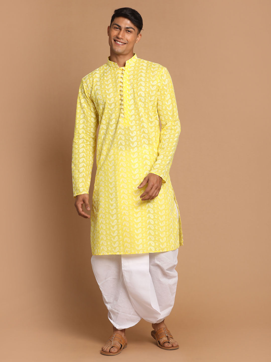 Men's Mustard Pure Cotton Chikankari Kurta With Dhoti Set