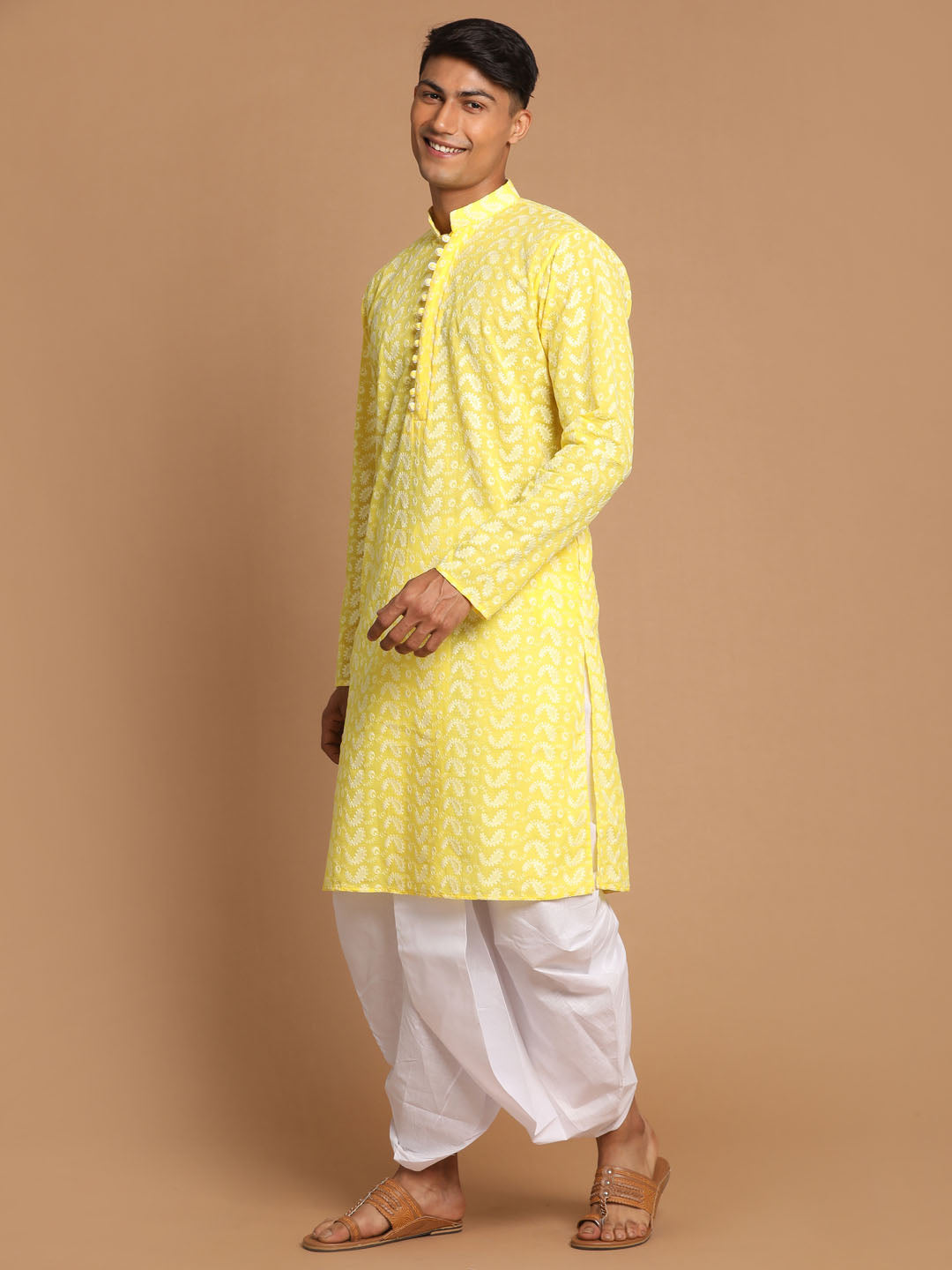 Men's Mustard Pure Cotton Chikankari Kurta With Dhoti Set
