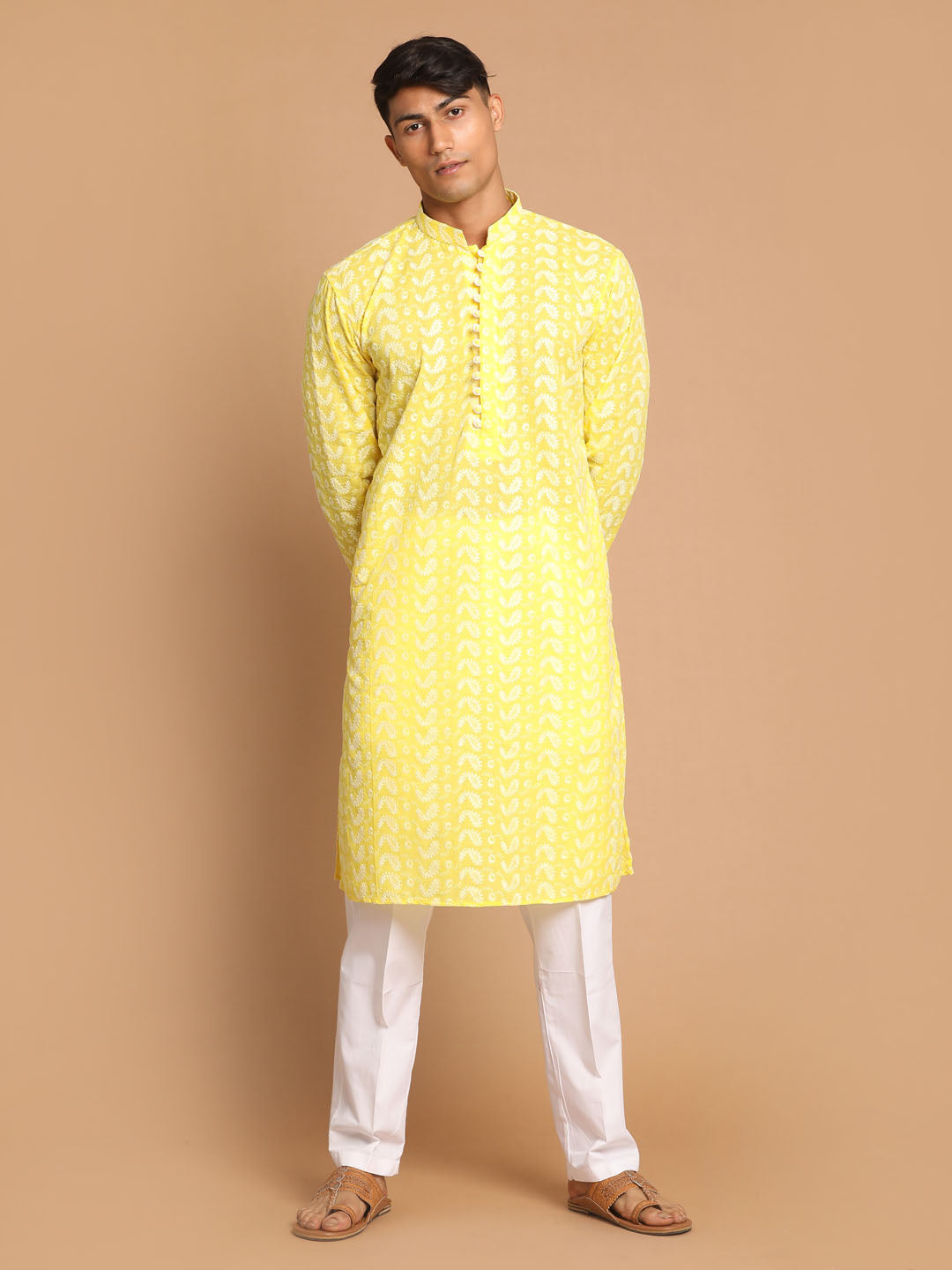 Men's Mustard Pure Cotton Chikankari Kurta With Pant Set
