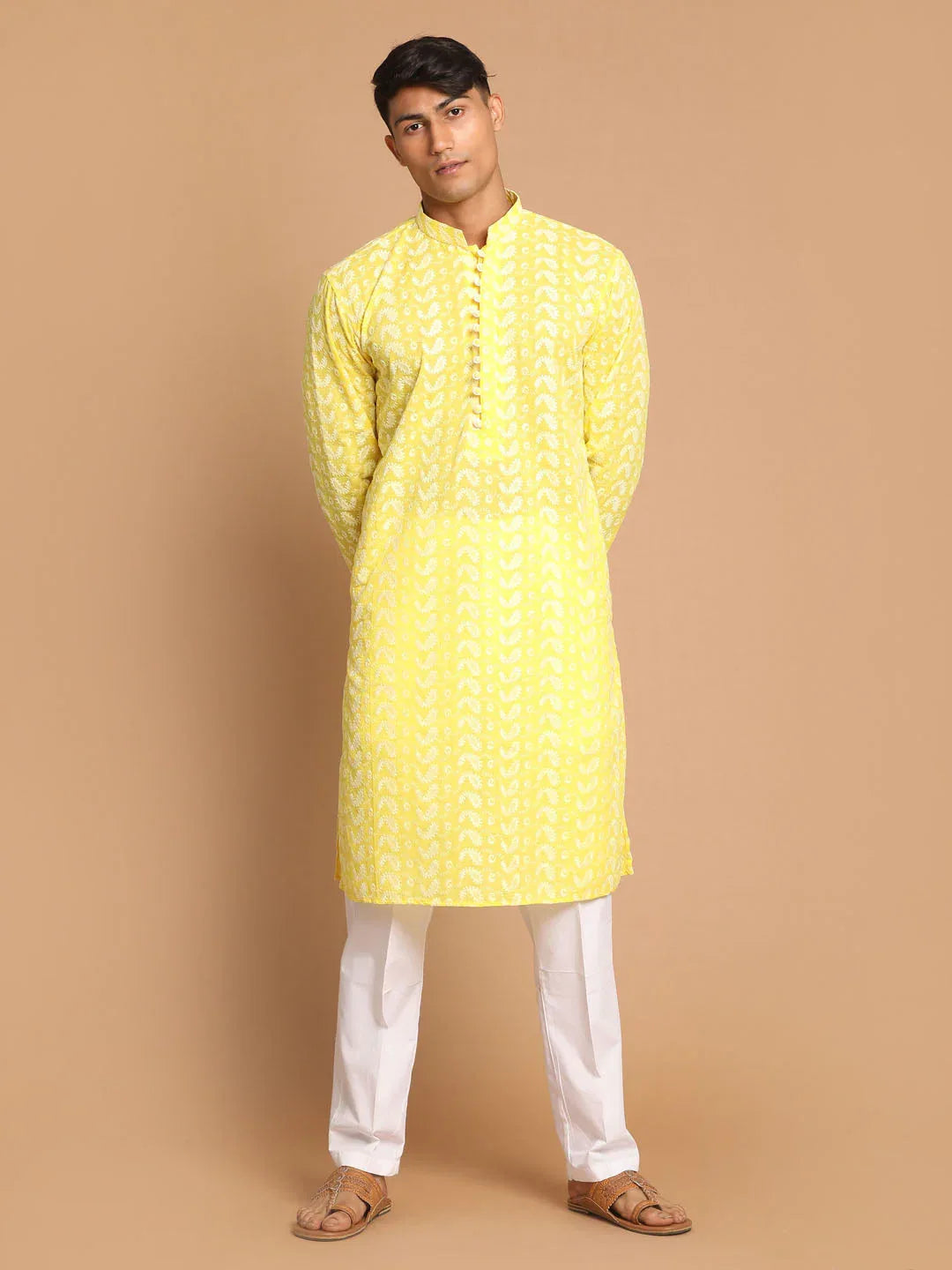 Men's Mustard Pure Cotton Chikankari Kurta With Pant Set