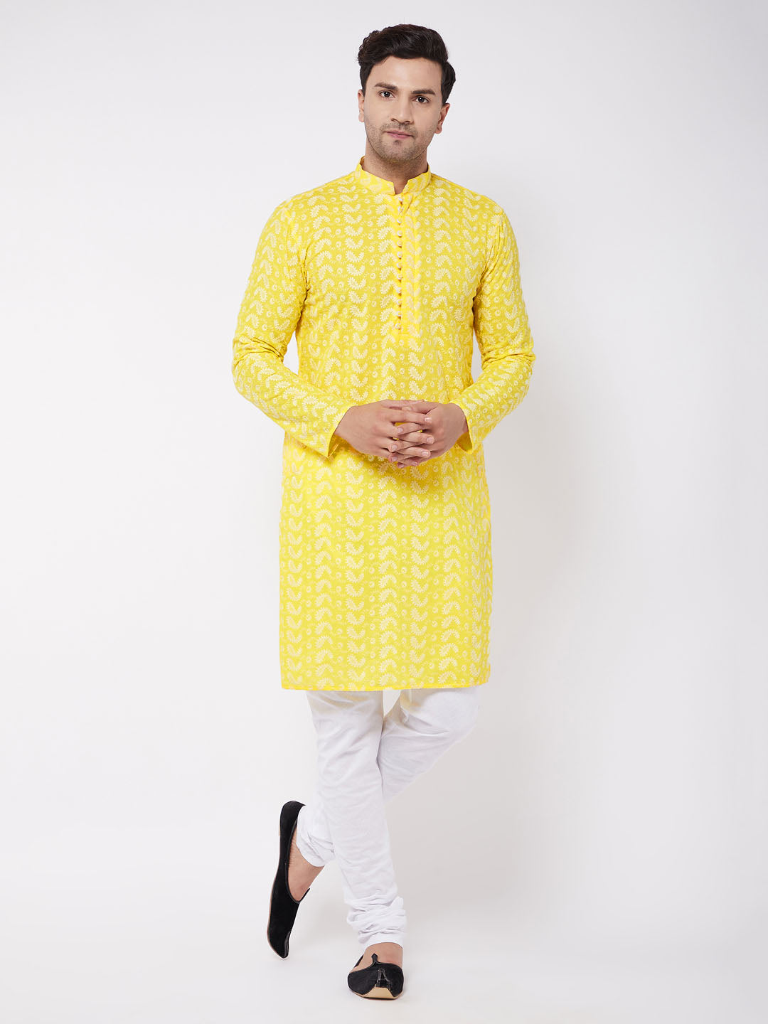 Men's Mustard Pure Cotton Chikankari Kurta Pyjama Set