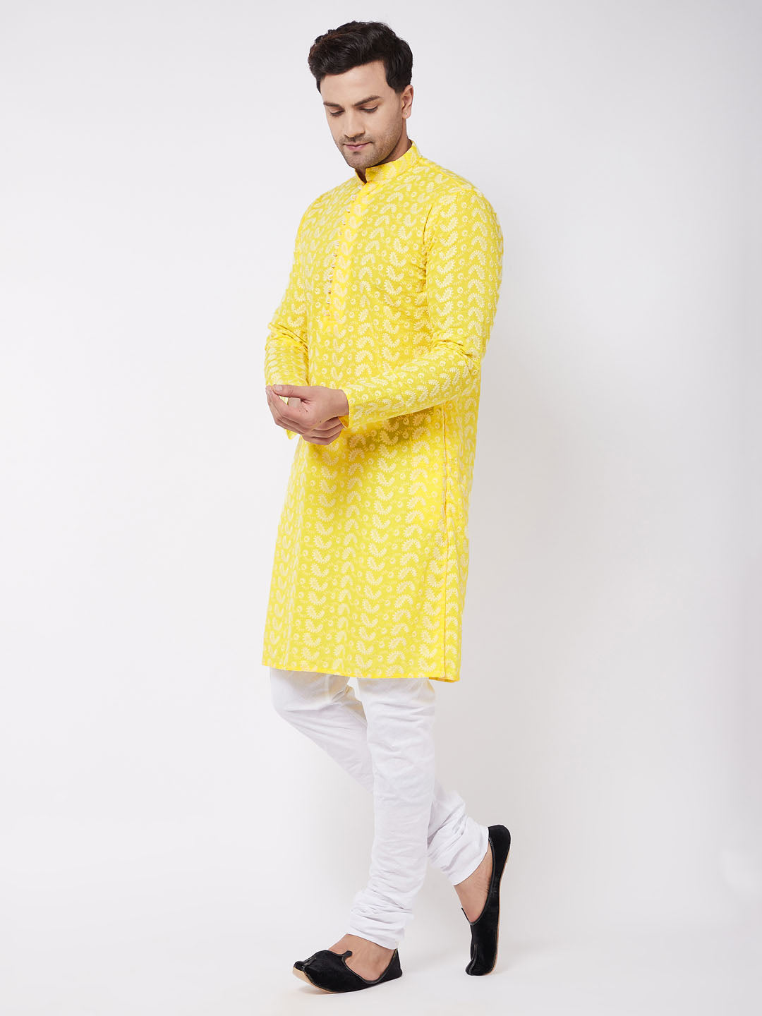 Men's Mustard Pure Cotton Chikankari Kurta Pyjama Set