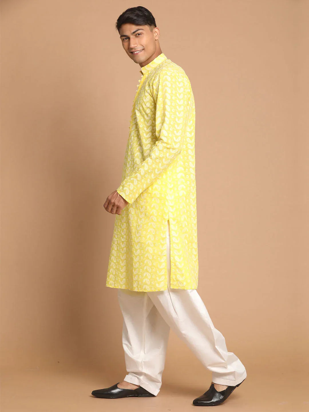 Men's Mustard Pure Cotton Chikankari Kurta With Patiala Set