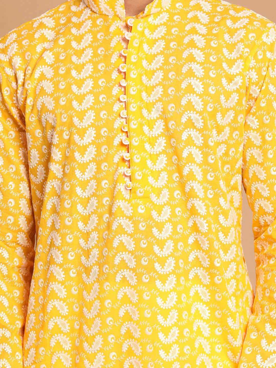 Men's Orange Pure Cotton Chikankari Kurta With Pant Set