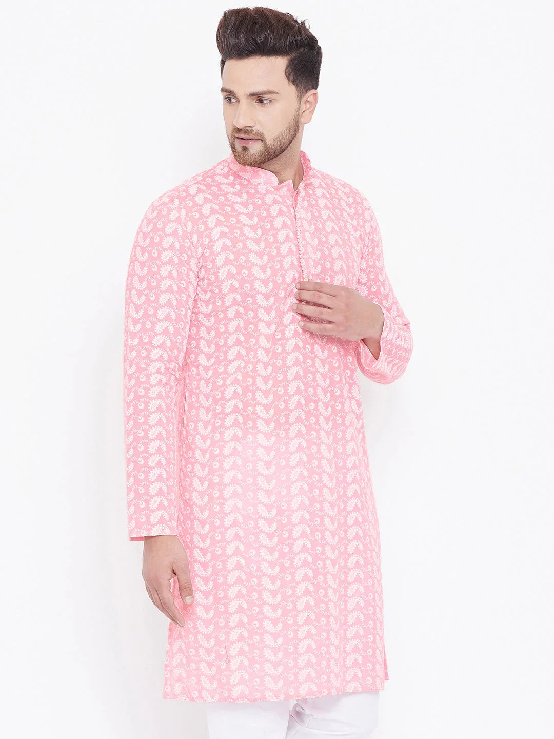 Men's Pink Pure Cotton Chikankari Kurta