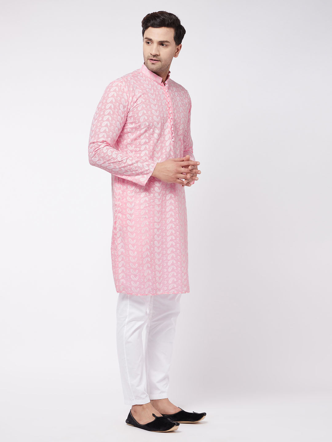 Men's Pink Pure Cotton Chikankari Kurta With Pant Set
