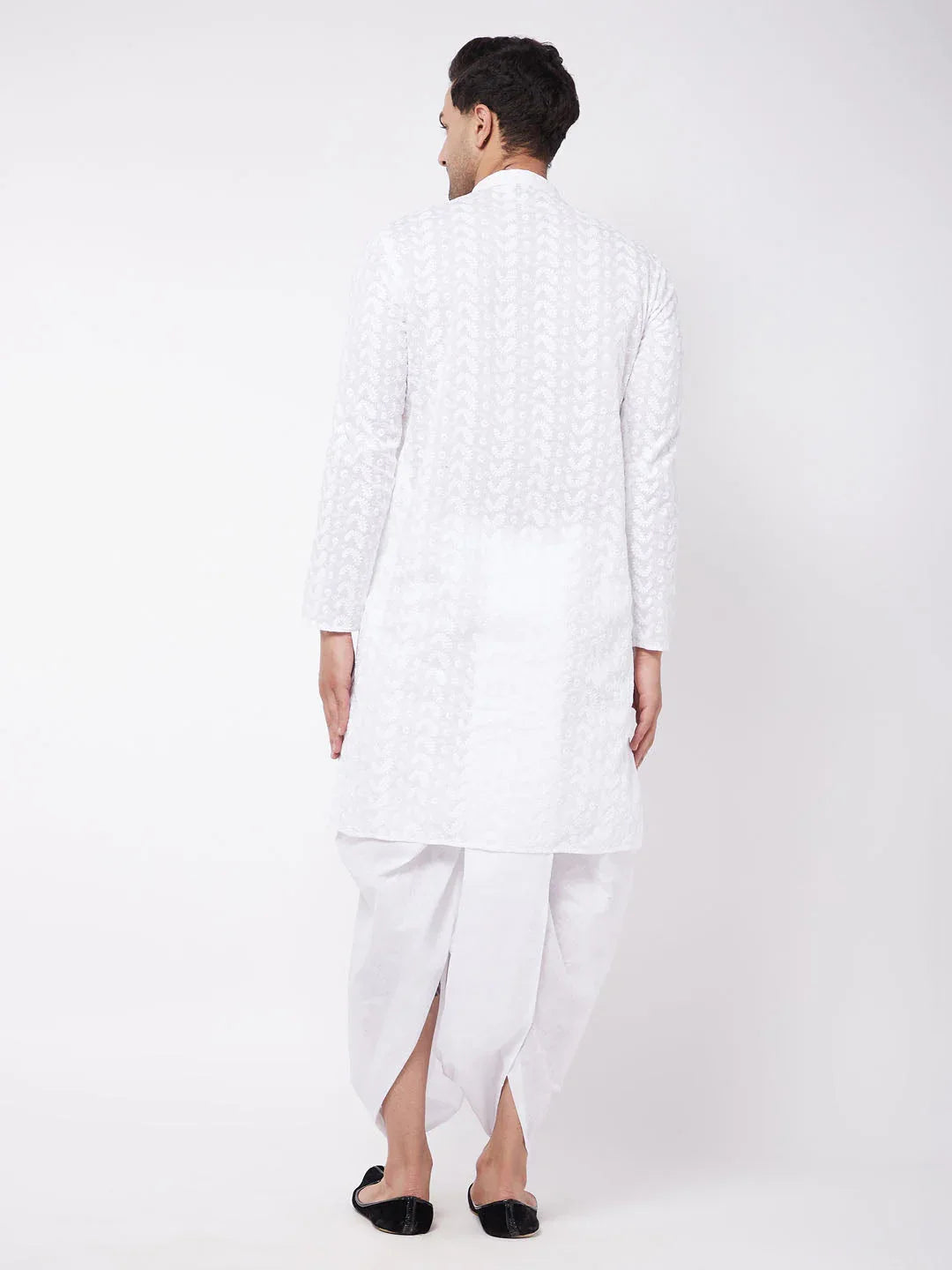 Men's White Pure Cotton Chikankari Kurta With Dhoti Set