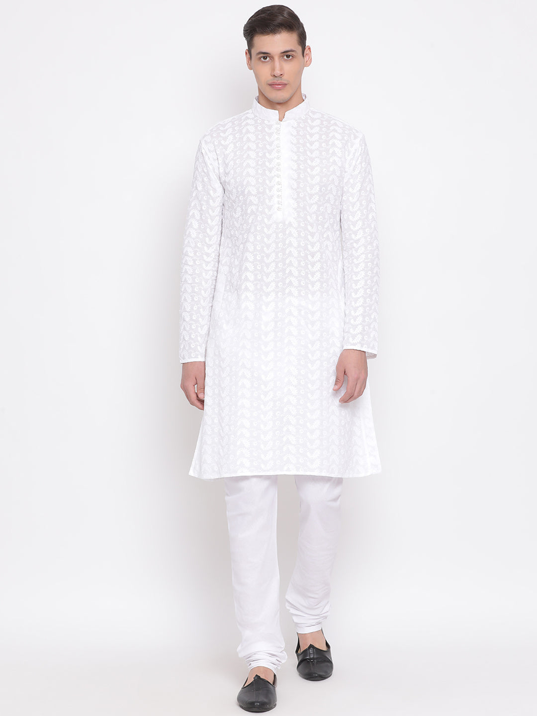 VASTRAMAY Men's White Pure Cotton Chikankari Kurta Pant With Prayer Cap