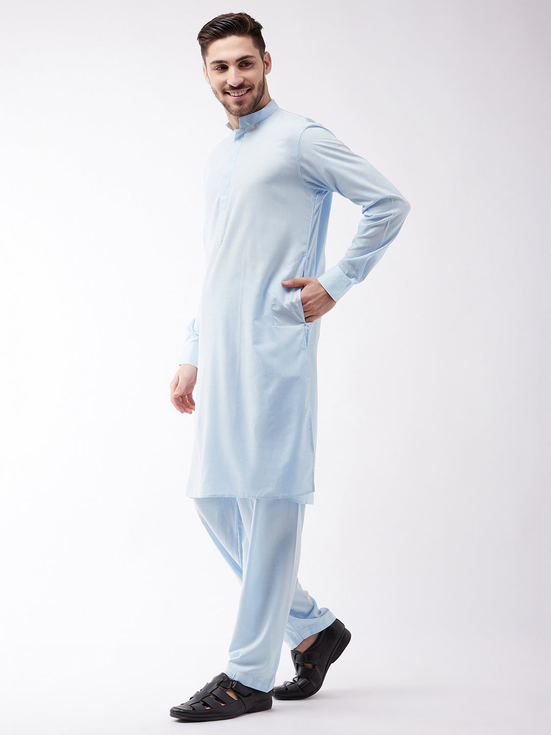 Men's Blue Cotton Blend Kurta and Pyjama Set