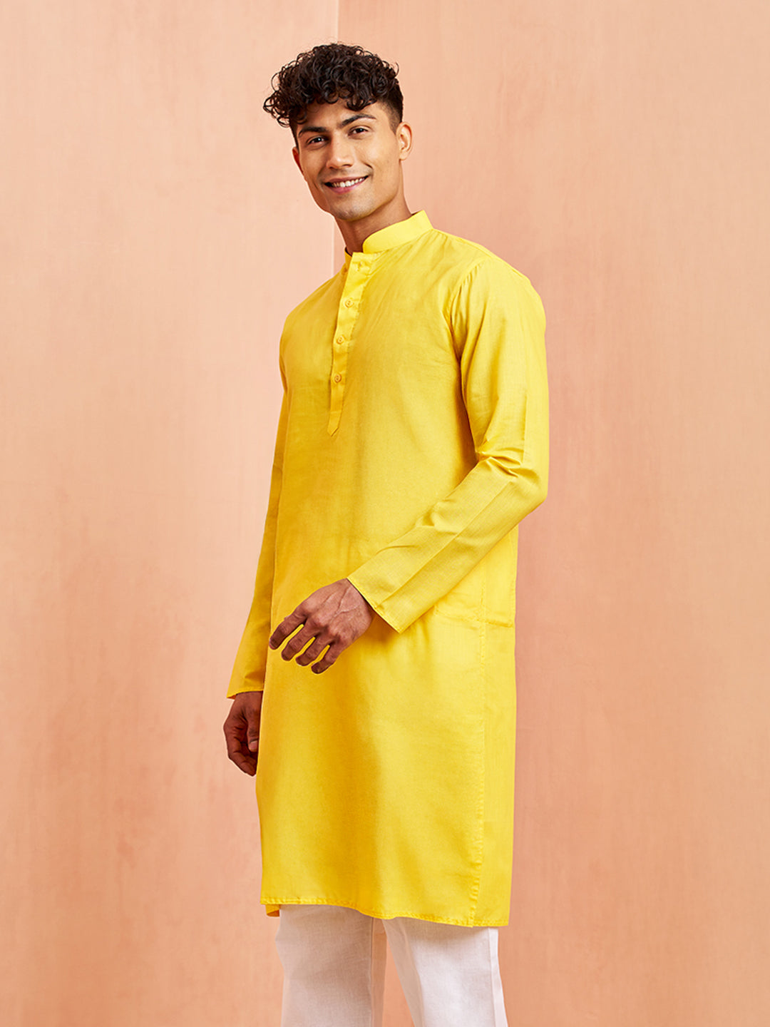 Men's Yellow Cotton Kurta Wedding Casual Wear