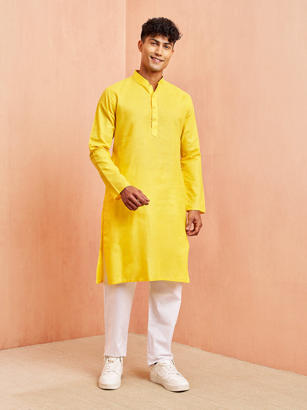 Men's Yellow Cotton Kurta with White Pyjama Set