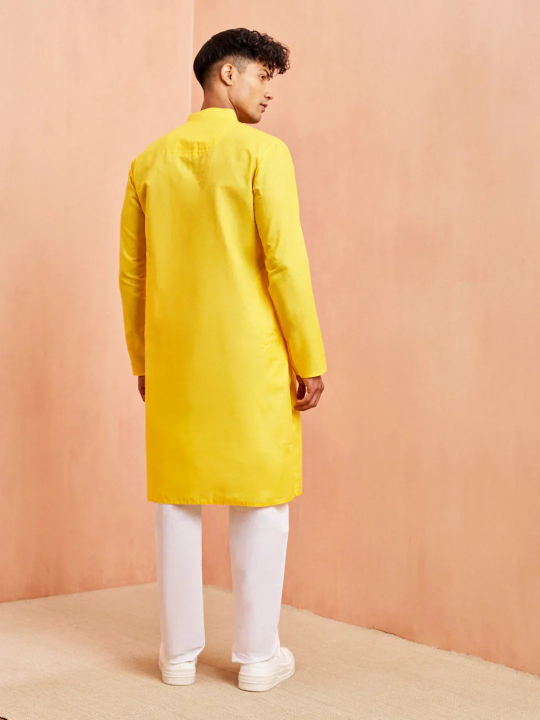 Men's Yellow Cotton Kurta with White Pyjama Set
