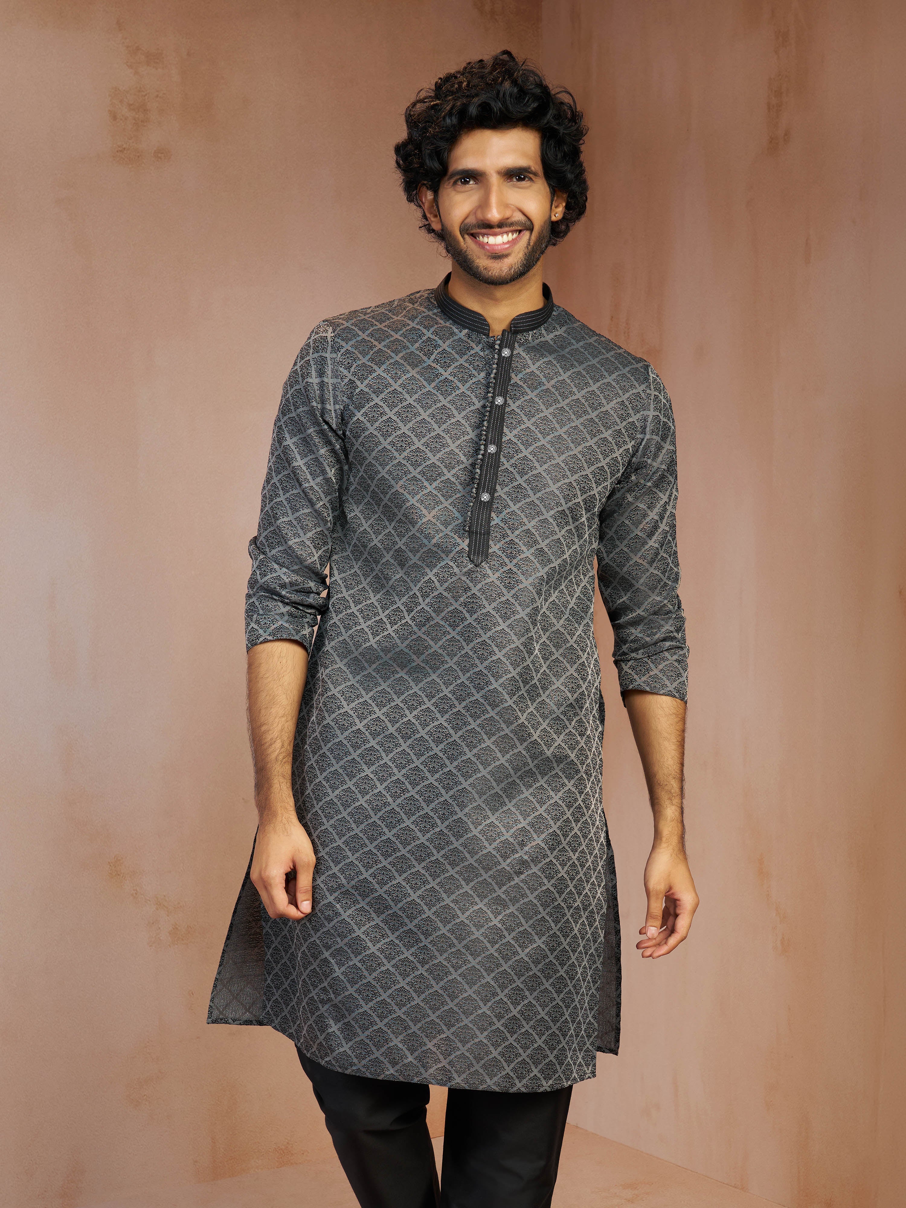 Men's Grey Jacquard Geometric Thread & Sequin Embroidered Silk Blend Straight Kurta