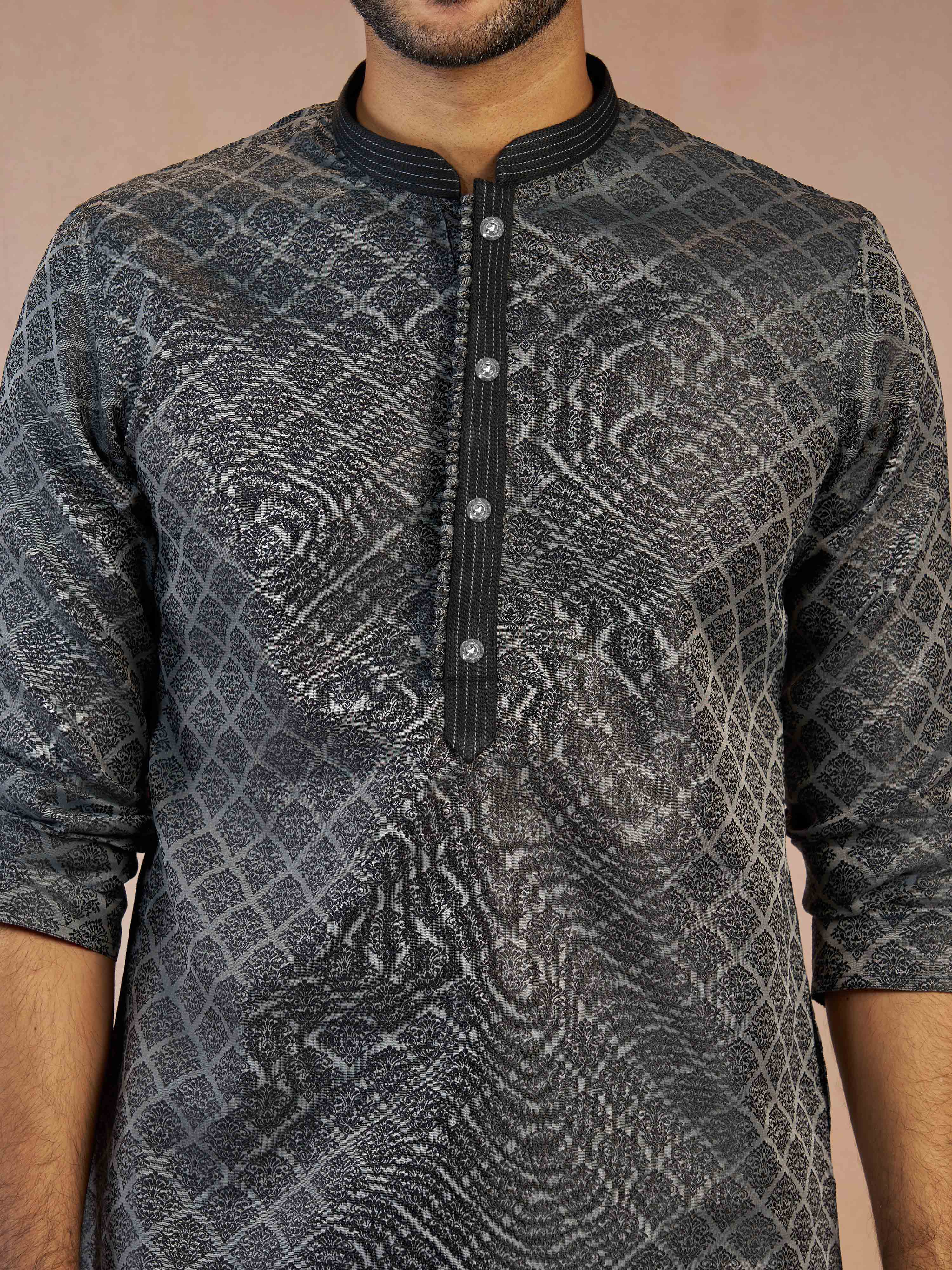 Men's Grey Jacquard Geometric Thread & Sequin Embroidered Silk Blend Straight Kurta