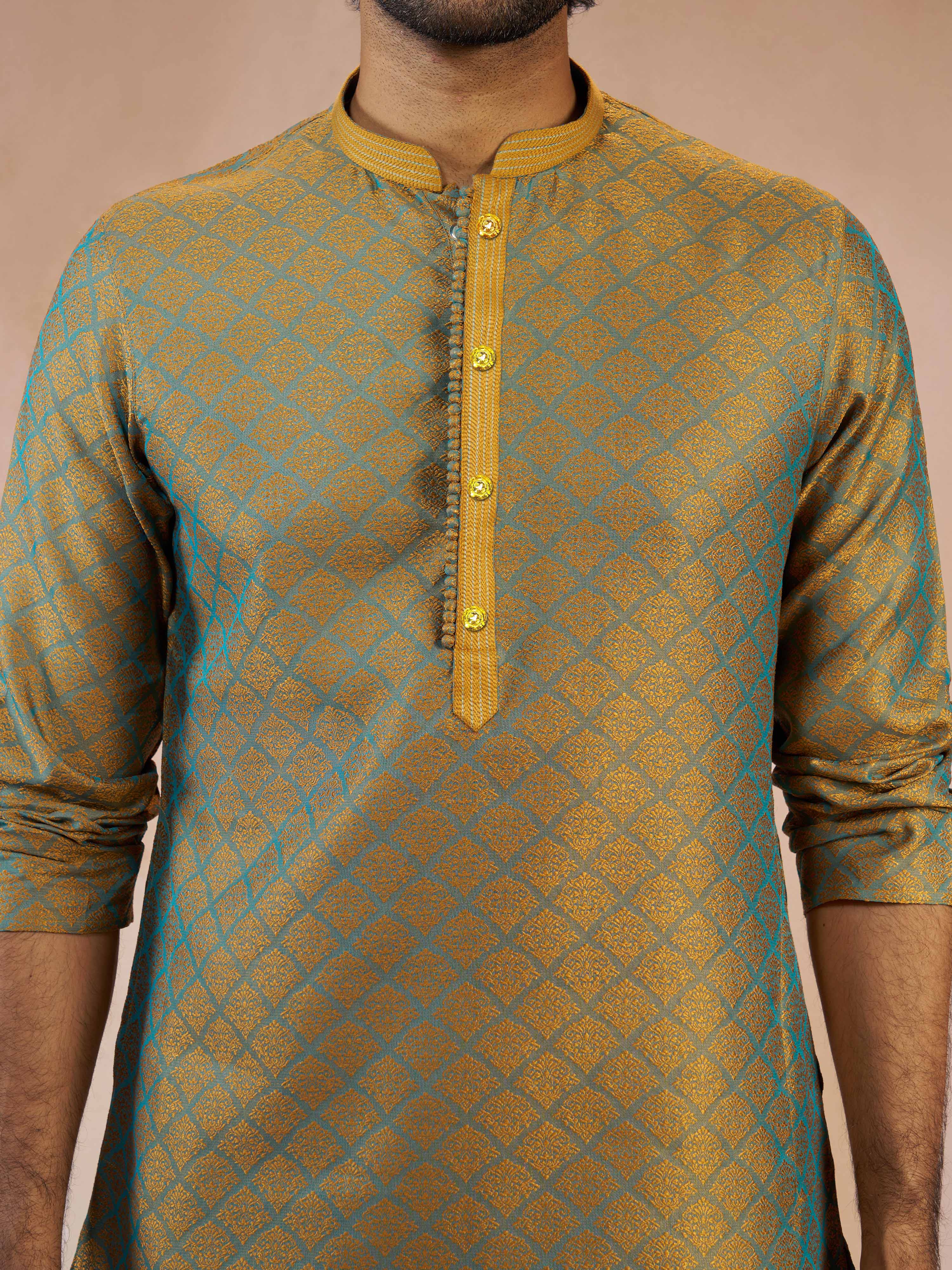 Men's Turquoise Jacquard Geometric Thread & Sequin Embroidered Silk Blend Straight Kurta