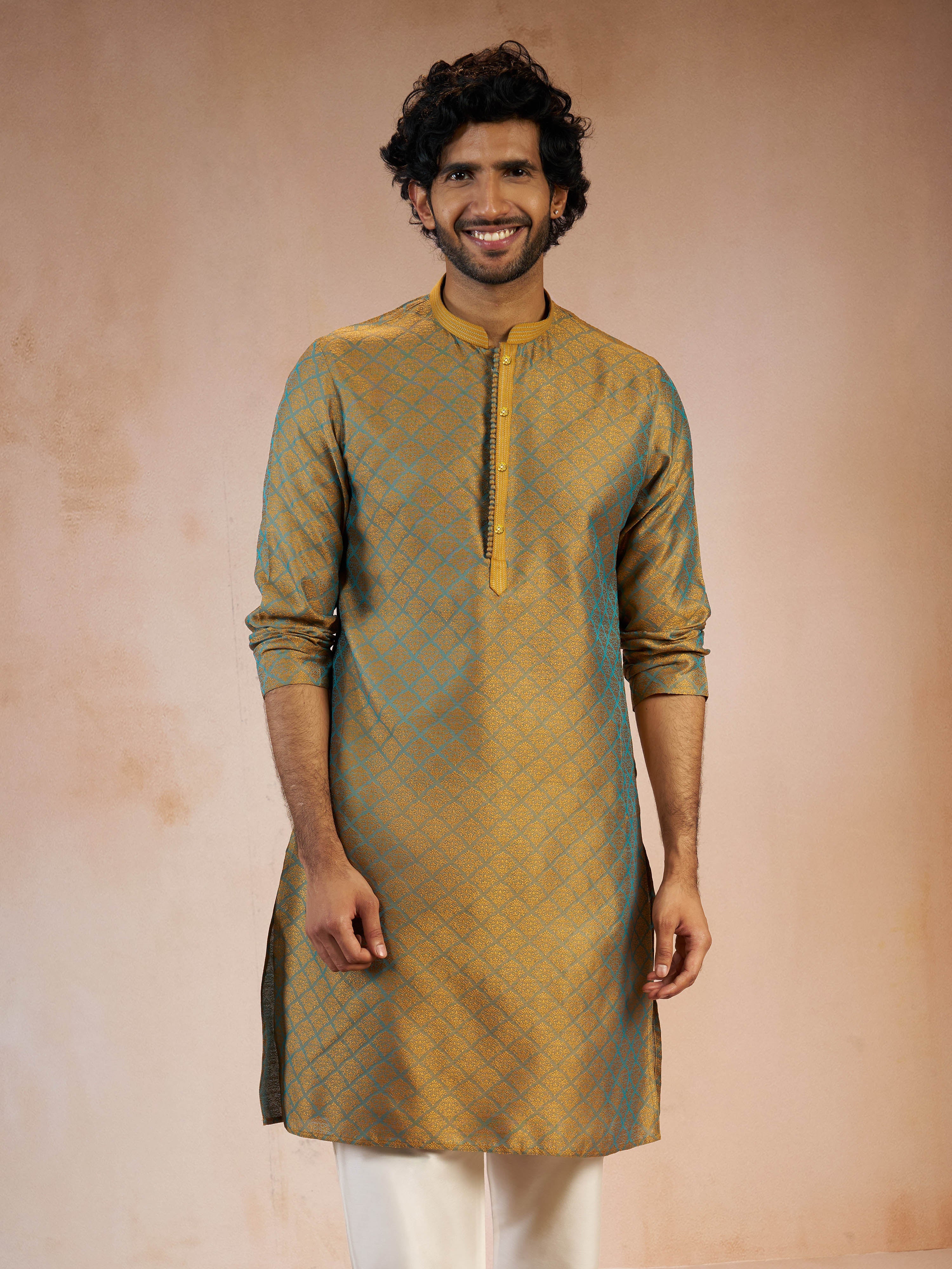 Men's Turquoise Jacquard Geometric Thread & Sequin Embroidered Silk Blend Straight Kurta