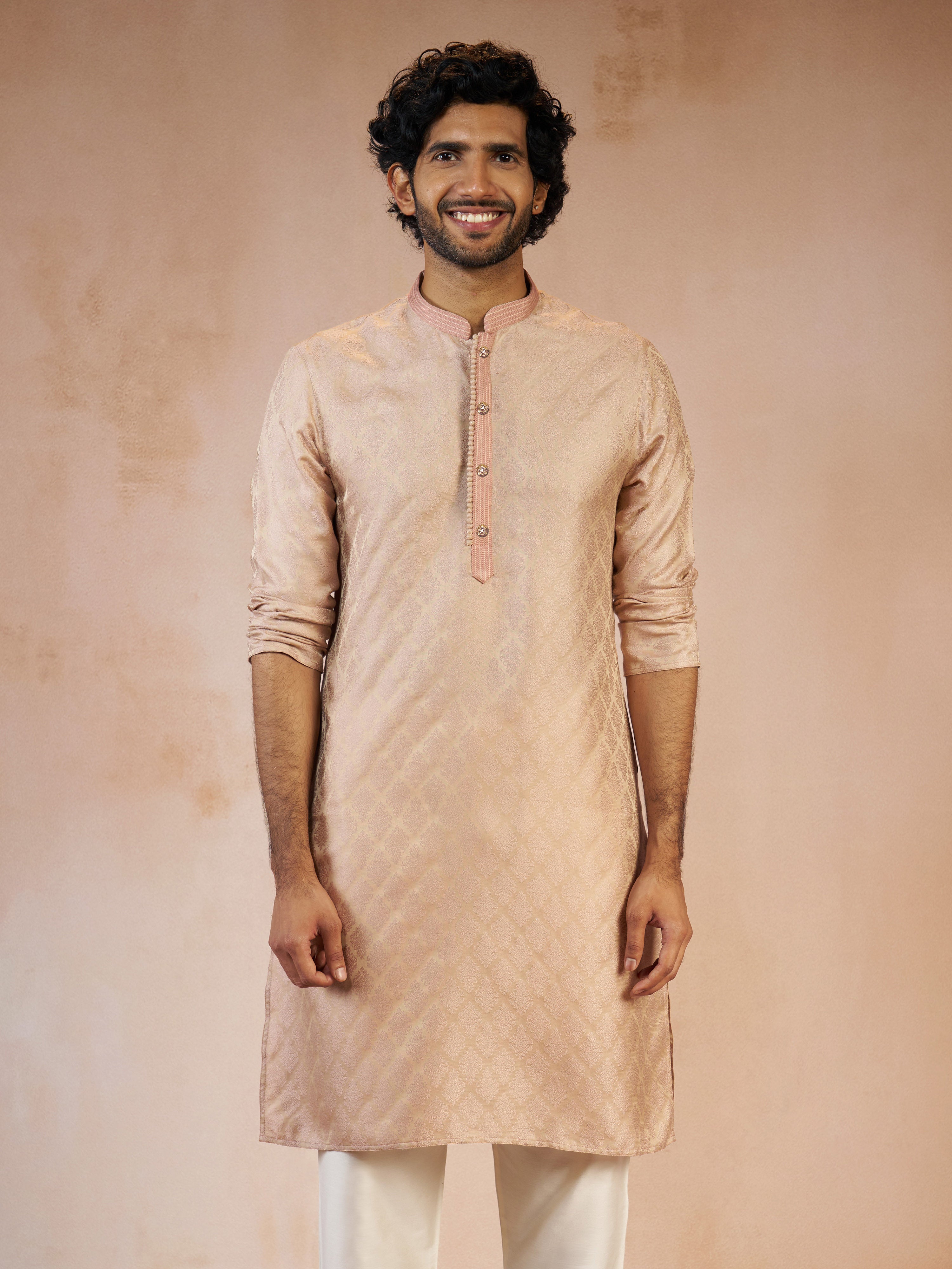 Men's Peach Jacquard Geometric Thread Embroidered Silk Blend Straight Kurta