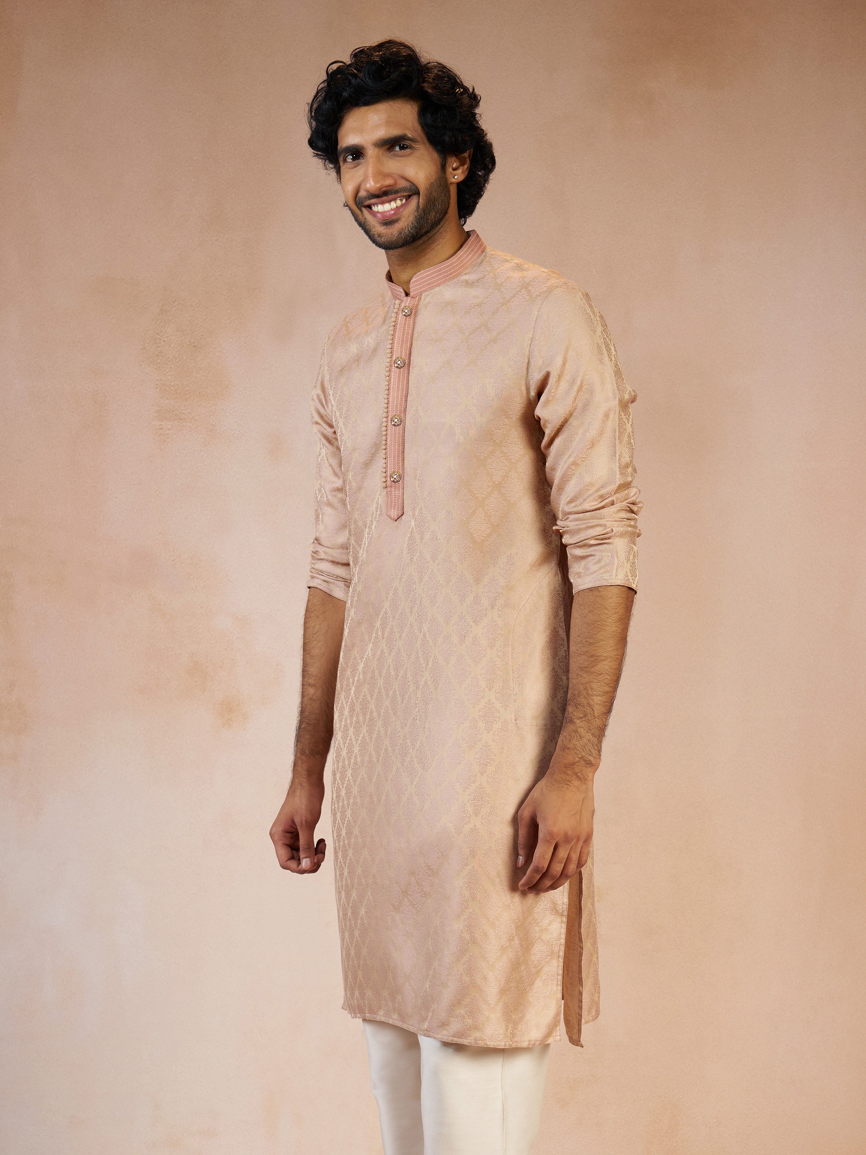 Men's Peach Jacquard Geometric Thread Embroidered Silk Blend Straight Kurta