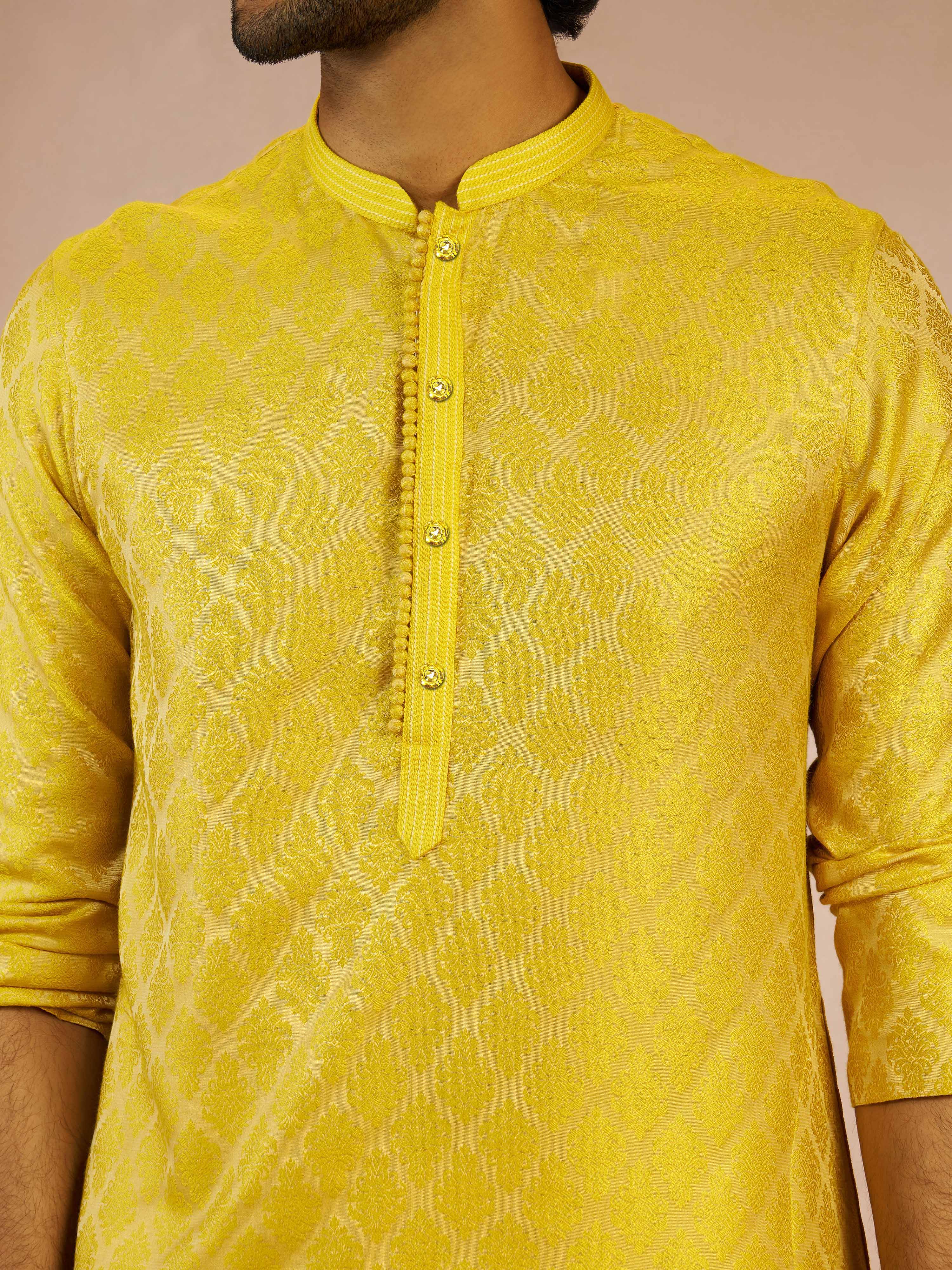Men's Yellow Jacquard Geometric Thread Embroidered Silk Blend Straight Kurta