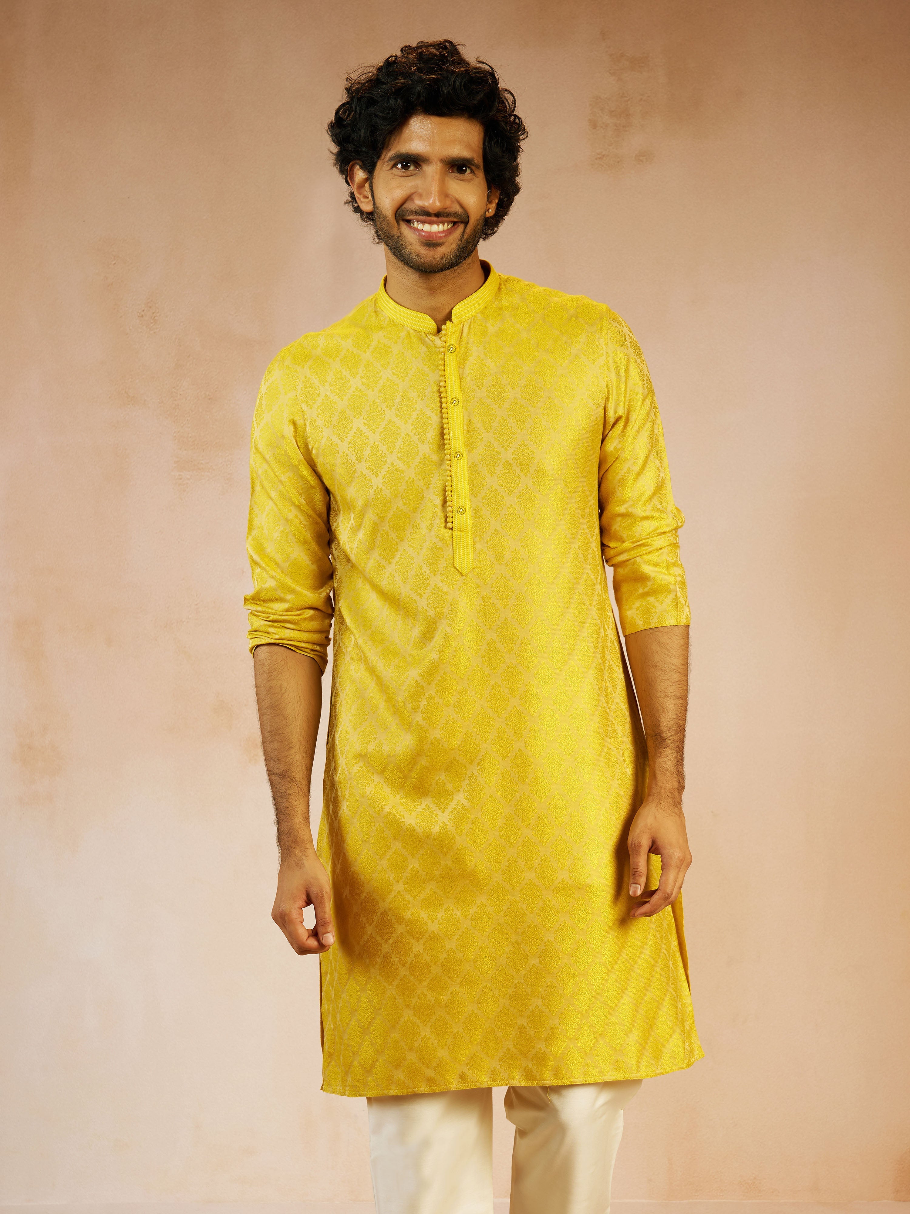 Men's Yellow Jacquard Geometric Thread Embroidered Silk Blend Straight Kurta