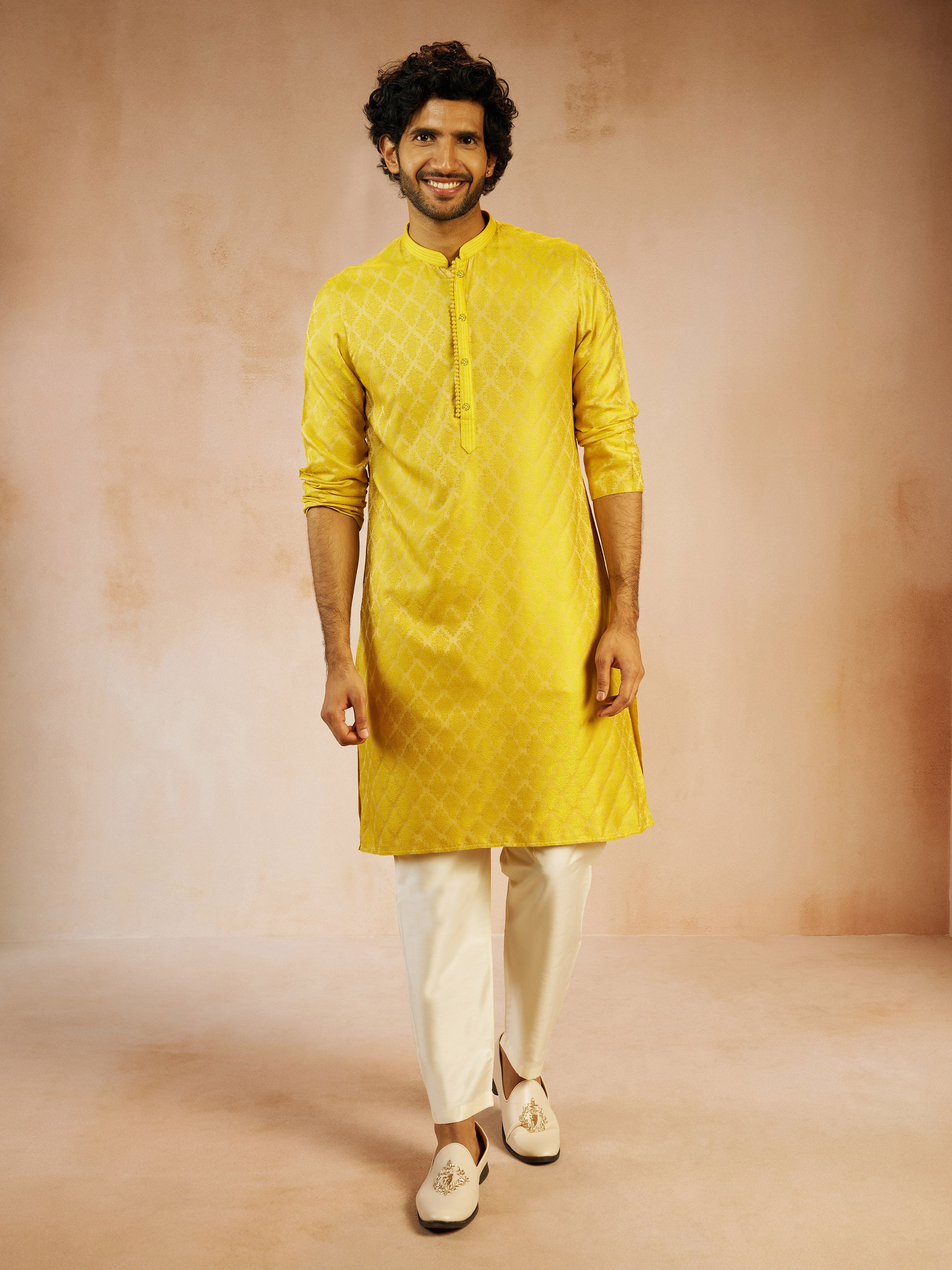 Men's Yellow Silk Blend Jacquard Thread Embroidery Long Kurta with Cream Viscose Pyjama Set