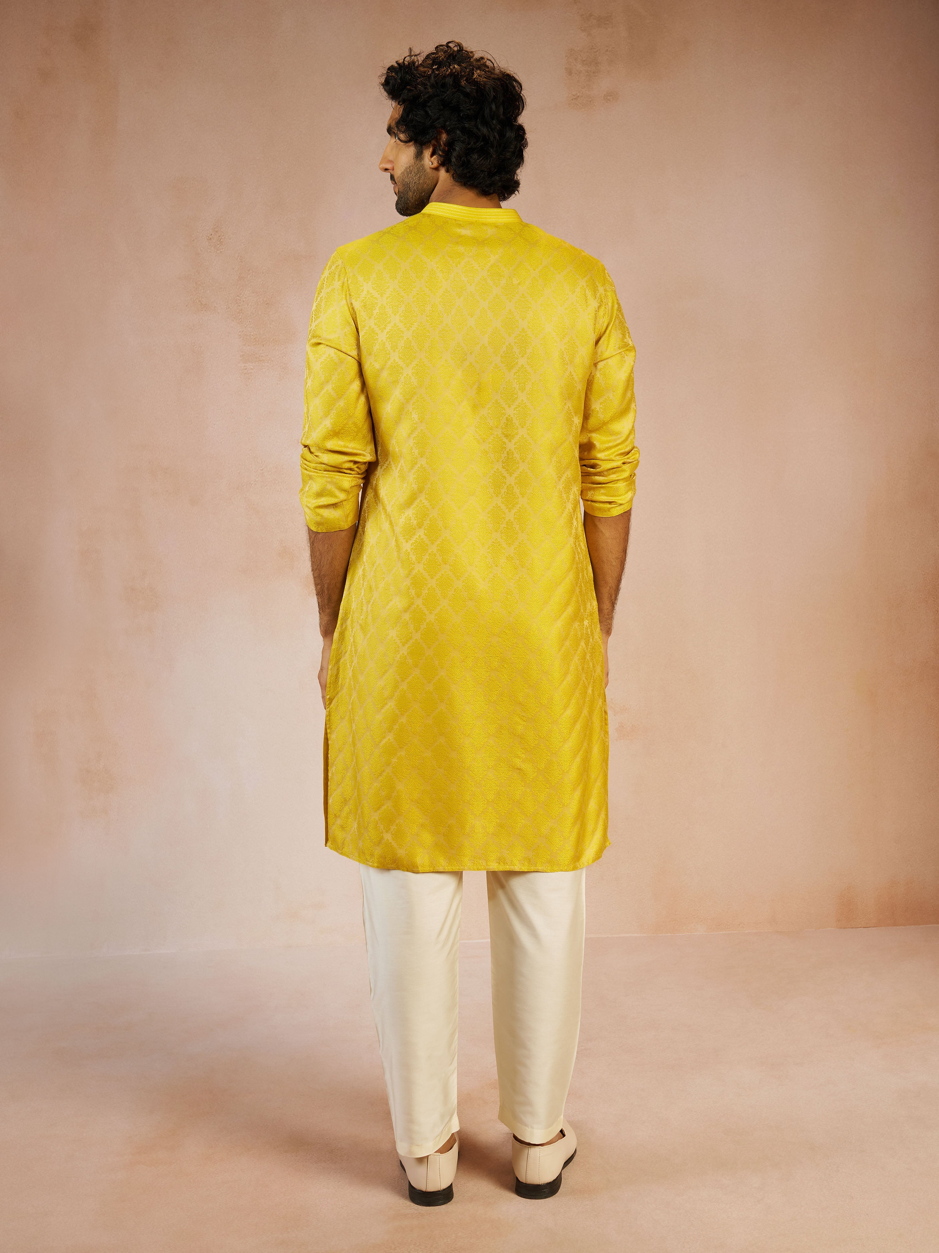 Men's Yellow Silk Blend Jacquard Thread Embroidery Long Kurta with Cream Viscose Pyjama Set