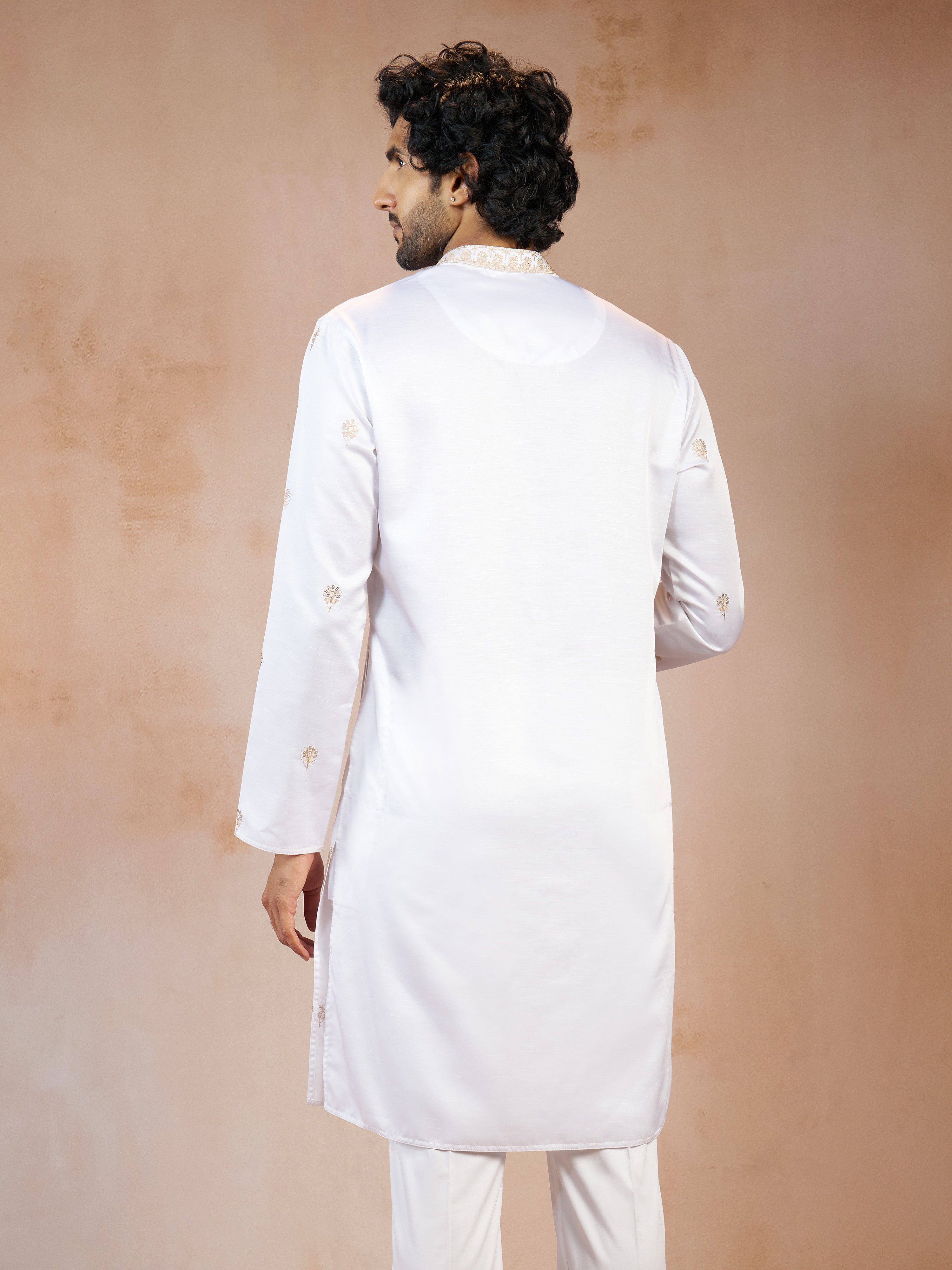 Men's White Floral Sequin & Thread Embroidered Silk Blend Long Kurta with Crepe Lining