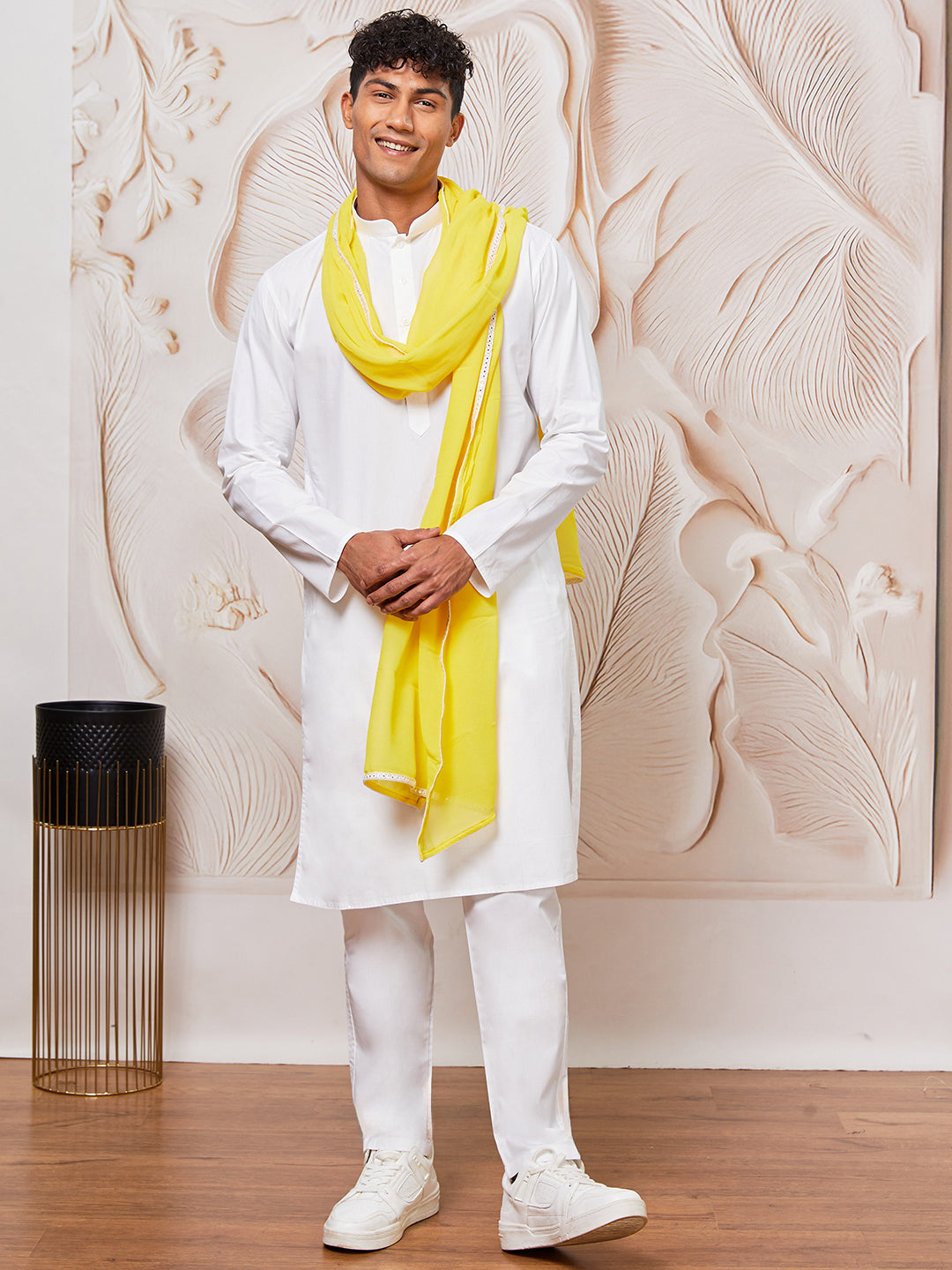 Men's White Cotton Kurta,Pyjama And Dupatta Set