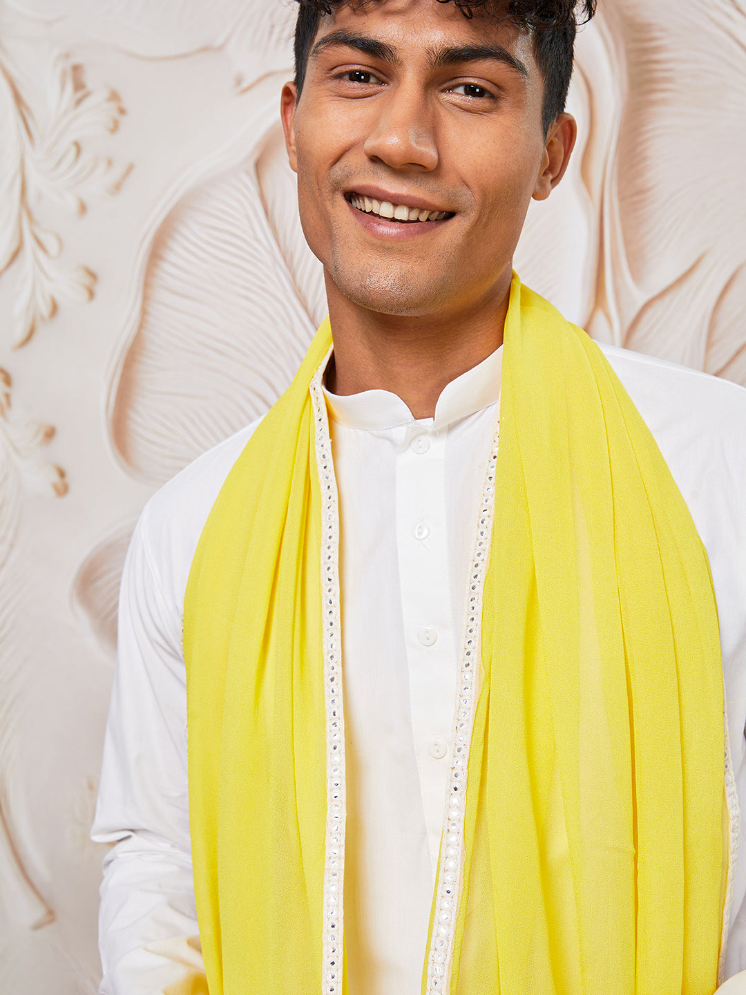 Men's White Cotton Kurta,Pyjama And Dupatta Set