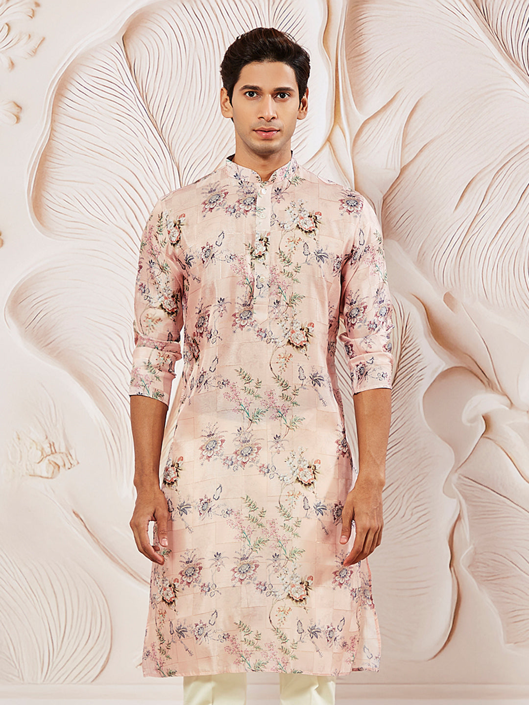 Men's Pink Floral Printed Silk Blend Kurta