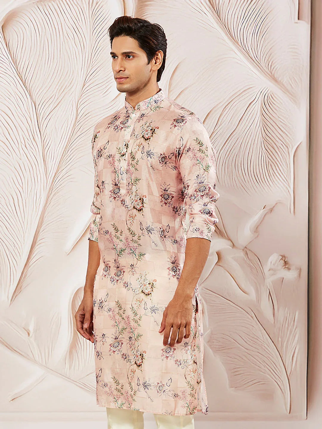Men's Pink Floral Printed Silk Blend Kurta