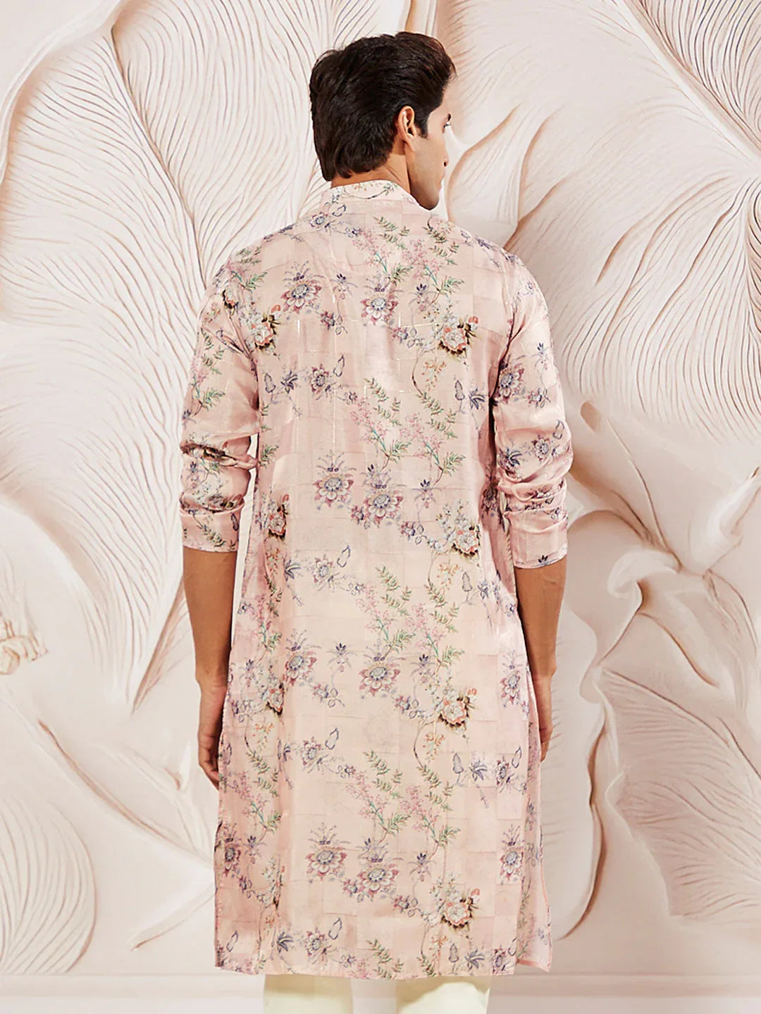 Men's Pink Floral Printed Silk Blend Kurta
