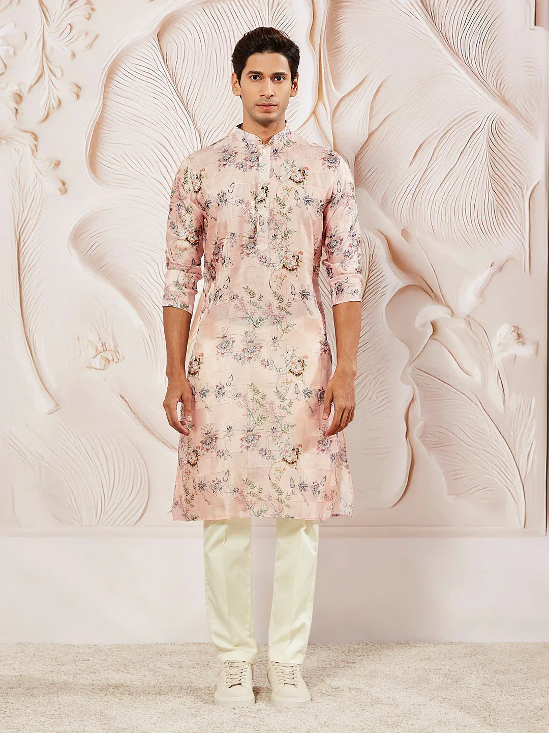 Men's Multicolor-Base-Peach Cotton Blend Kurta And Pyjama Set