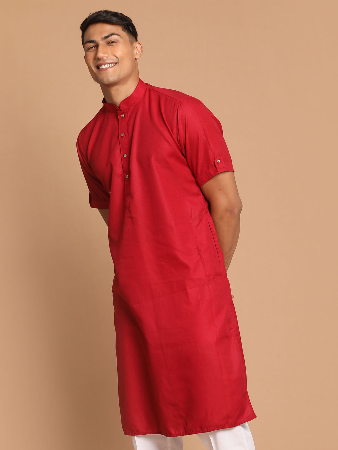 Men's Maroon Solid Kurta