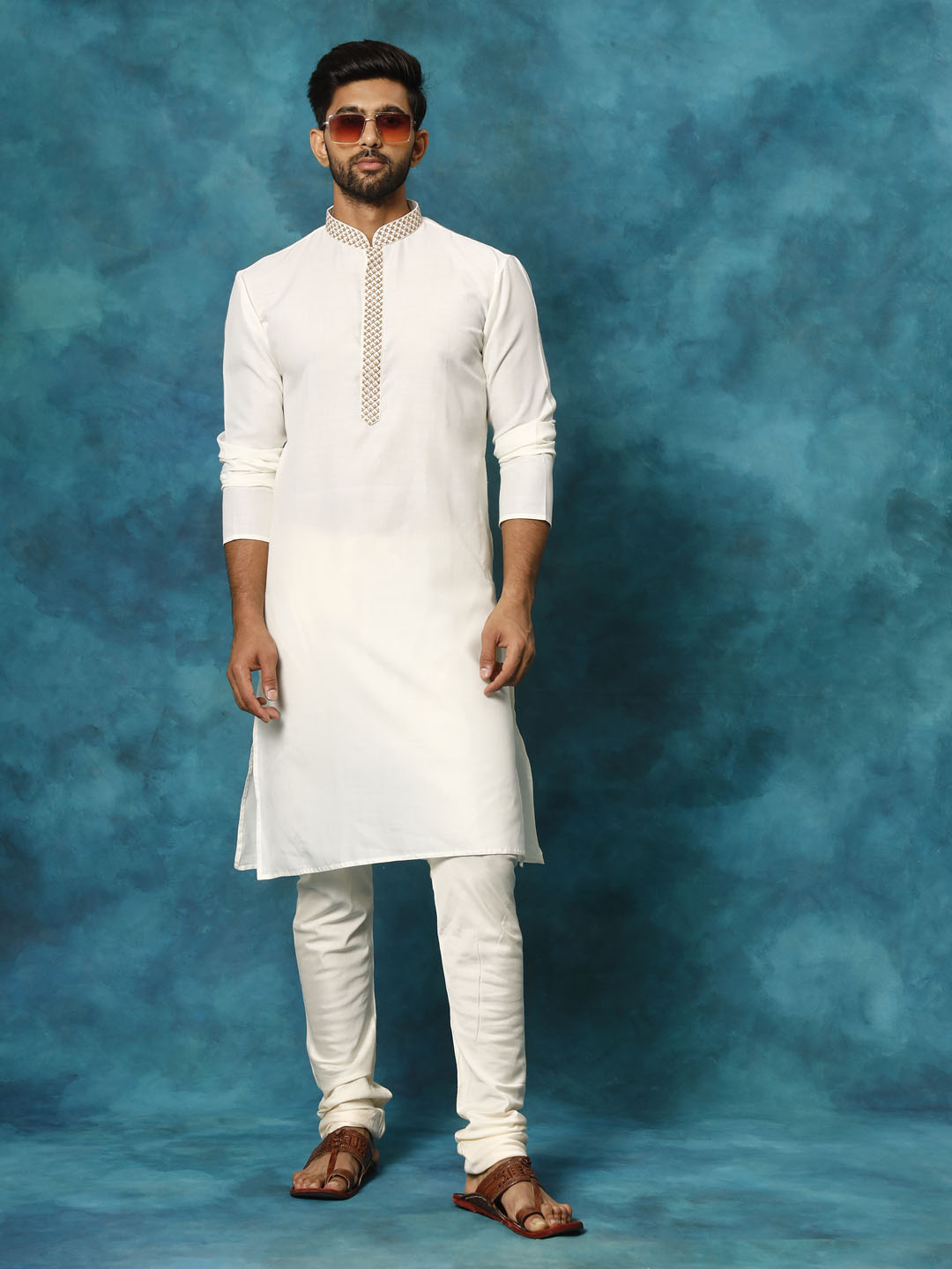 Men's Cream Cotton Blend Kurta Pyjama Set