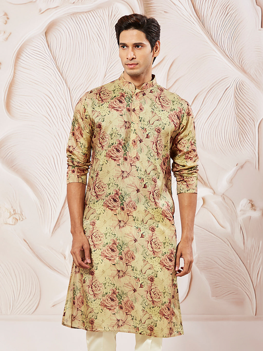 Men's Beige Floral Printed Straight Kurta