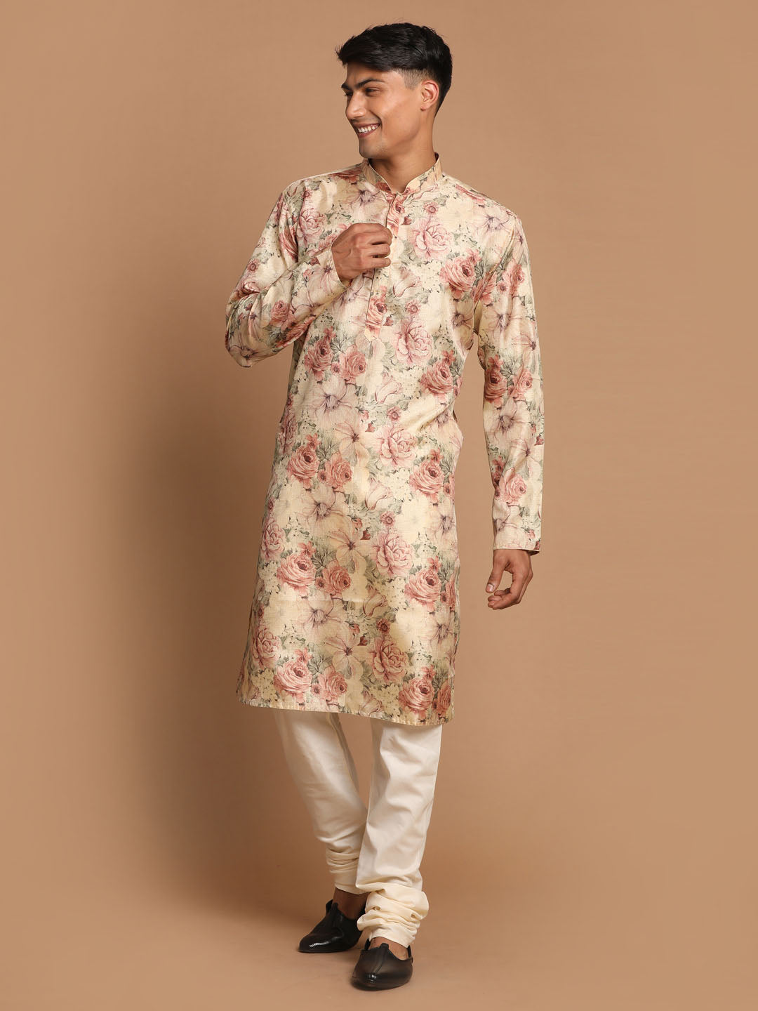 Men's Beige Floral Printed Kurta With Cream Solid Pyjama Set
