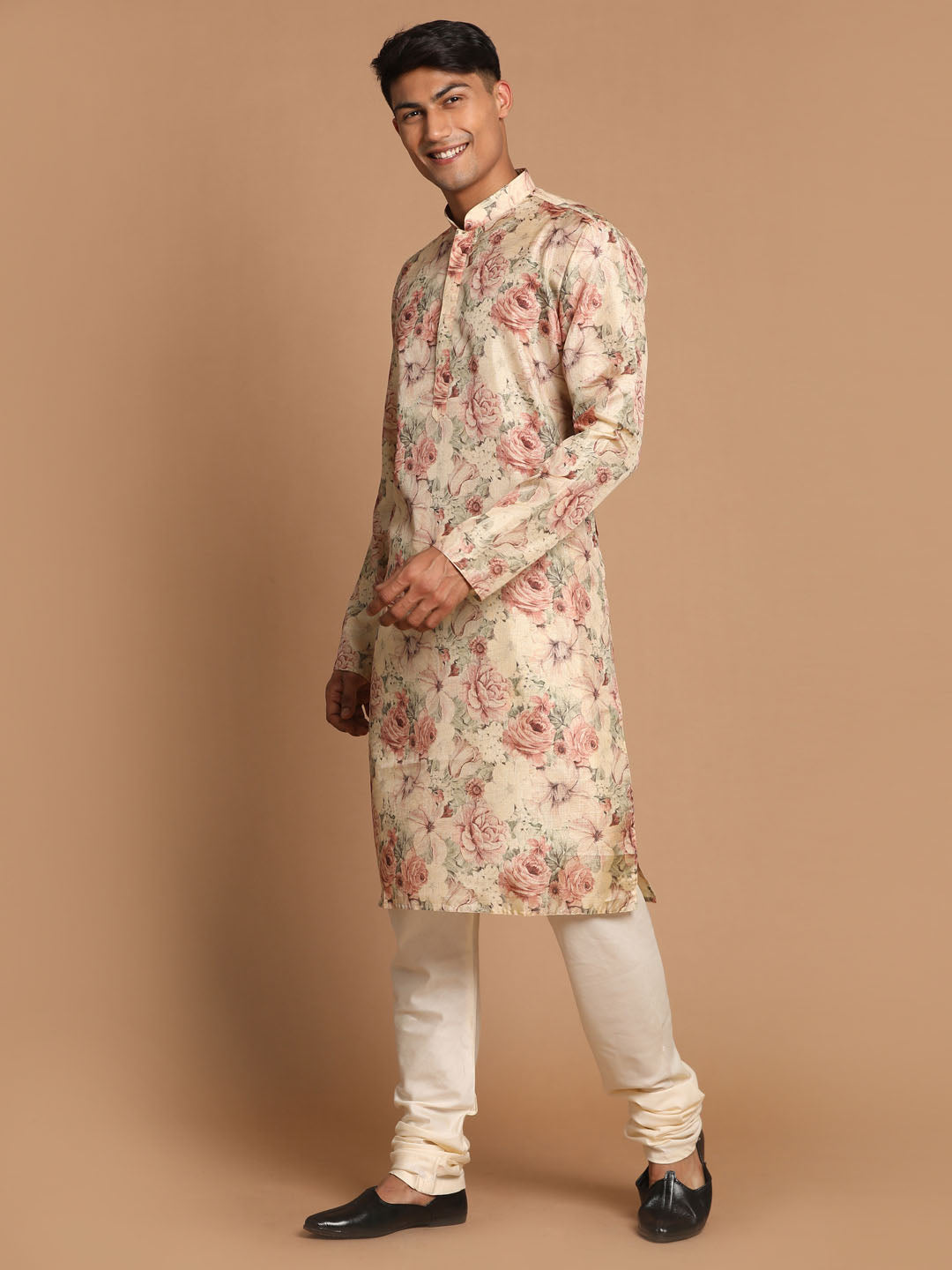 Men's Beige Floral Printed Kurta With Cream Solid Pyjama Set