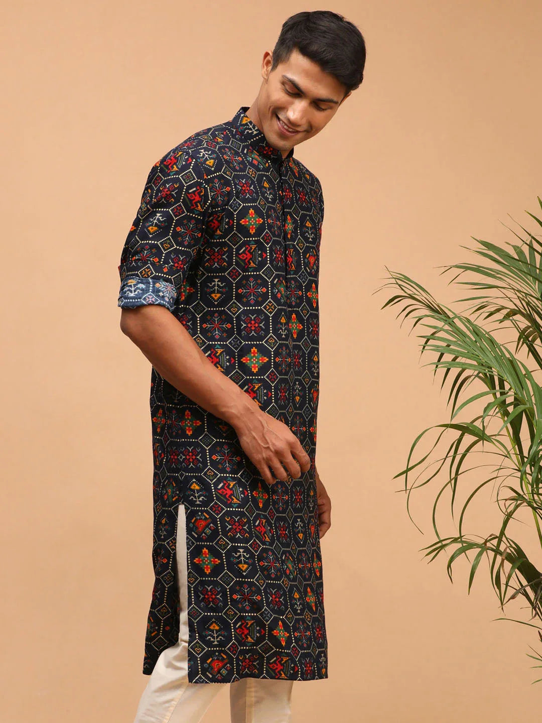 Men's Blue Printed Rayon Kurta