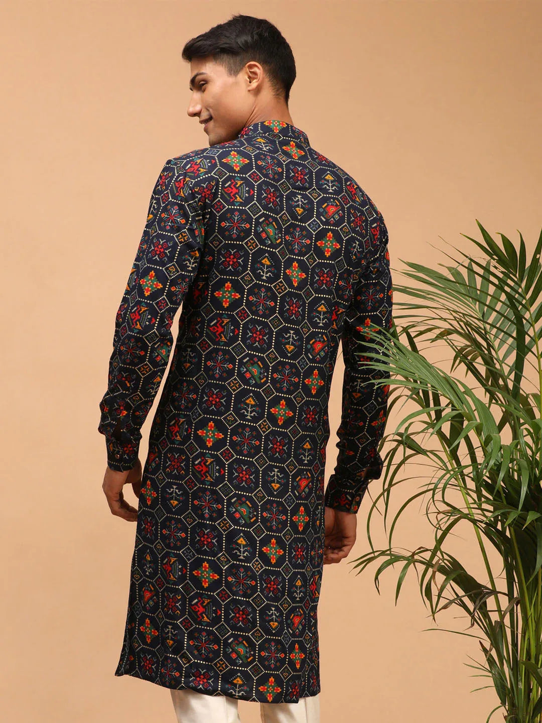 Men's Blue Printed Rayon Kurta