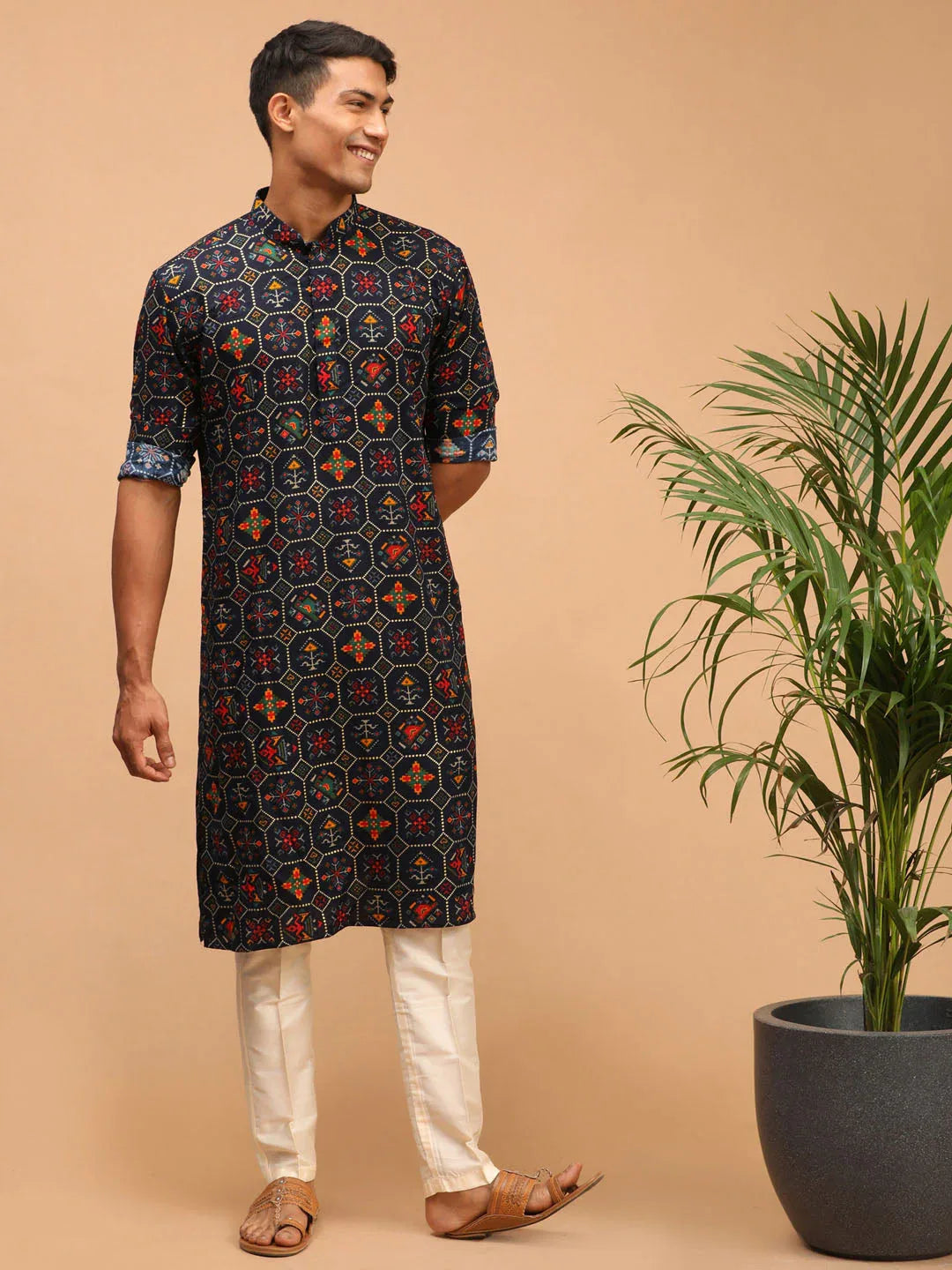 Men's Blue Printed Rayon Kurta