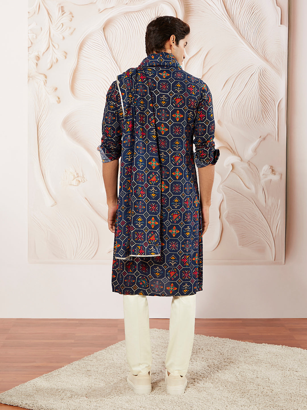 Men's Blue And Cream Rayon Kurta Pyjama And Dupatta Set