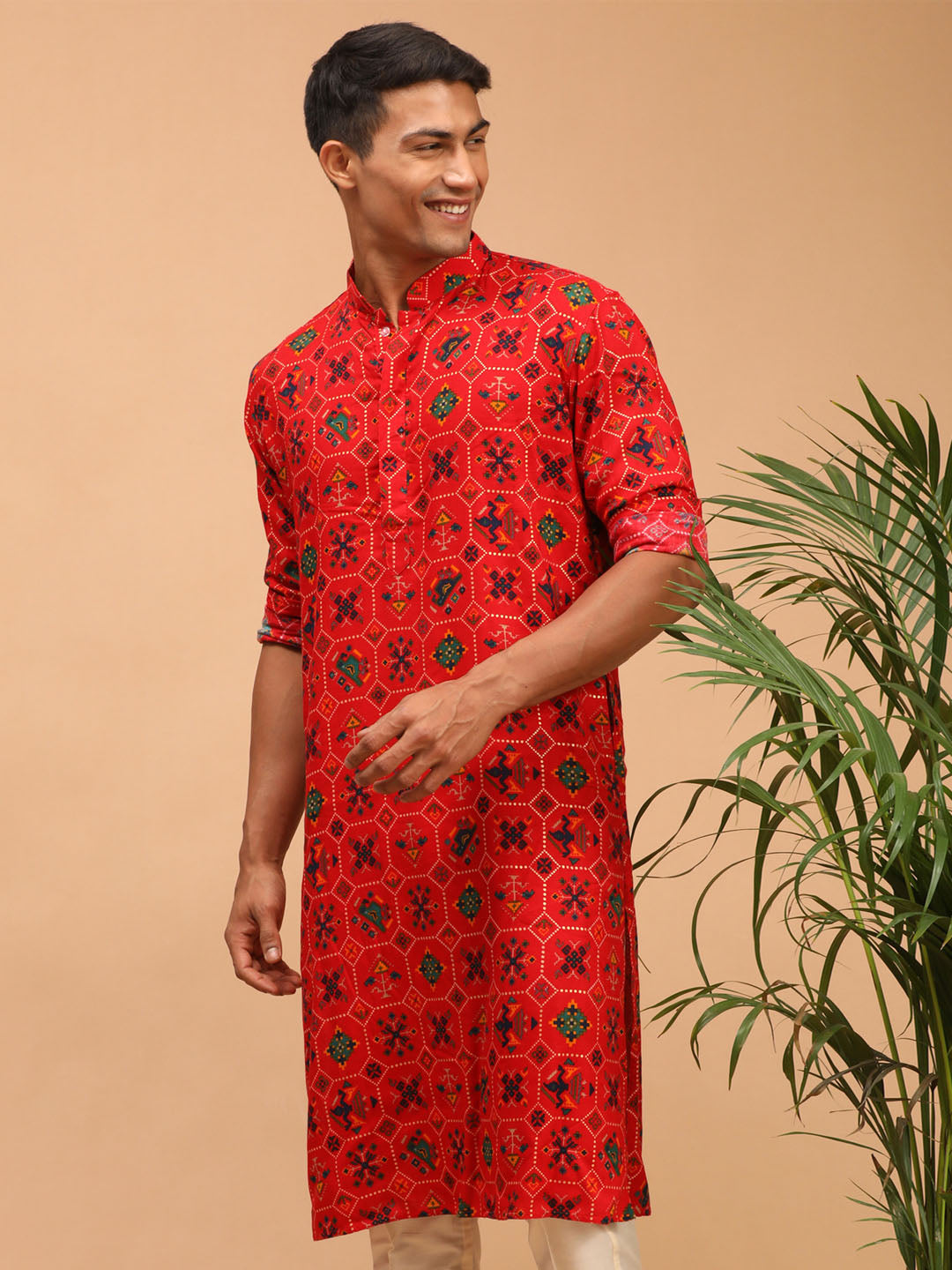Men's Red Printed Rayon Kurta