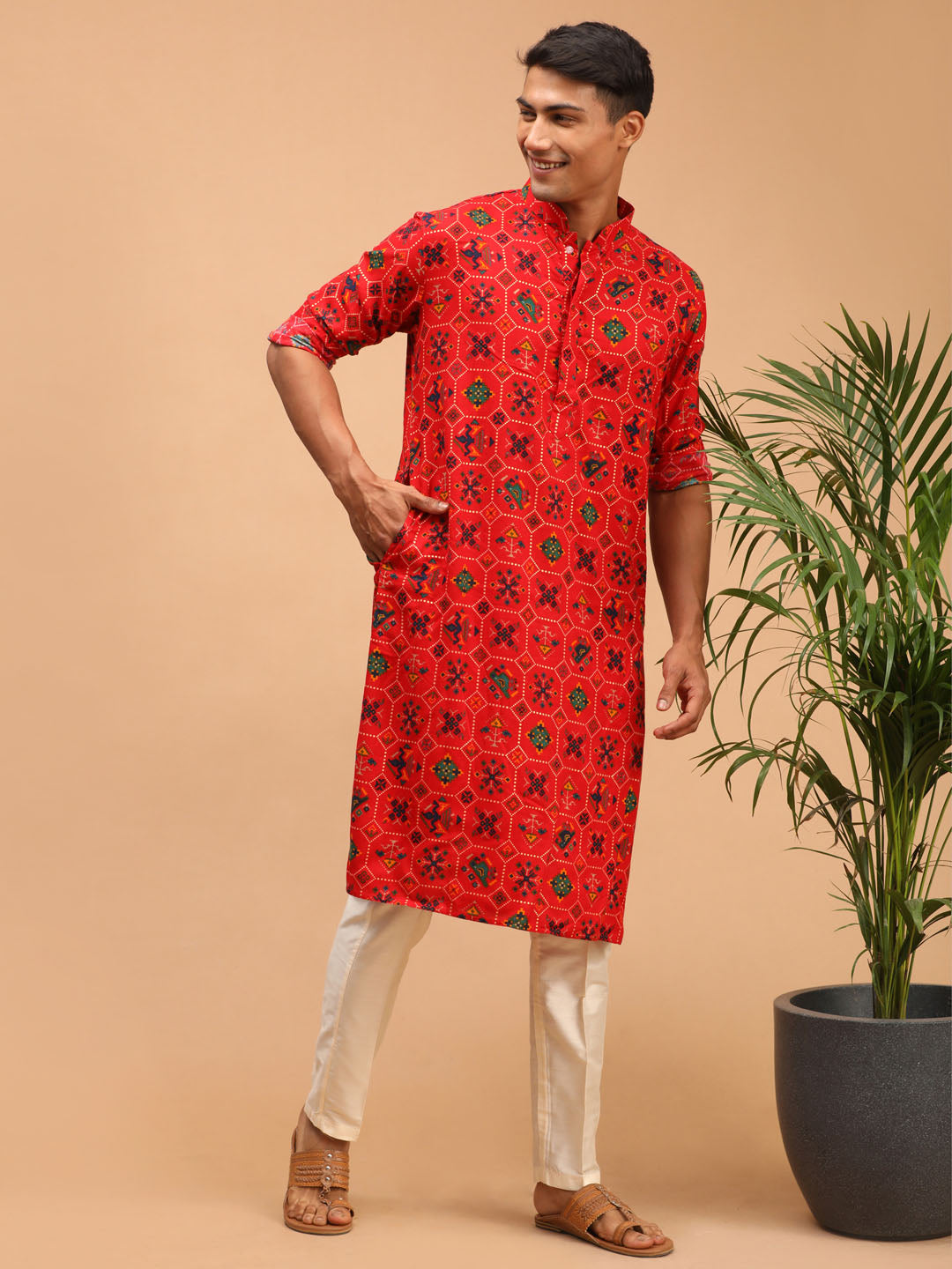 Men's Red Cotton Blend Patola Kurta