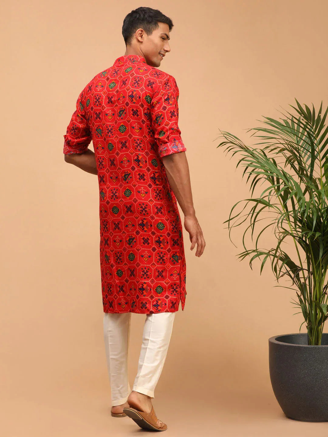Men's Red Printed Rayon Kurta With Pant Set