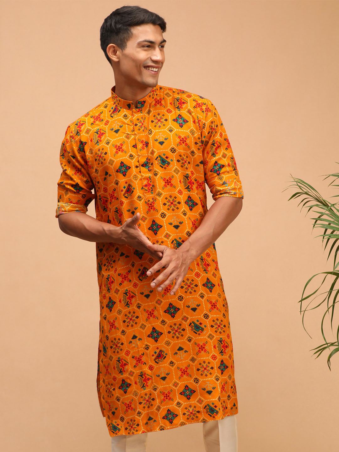 Men's Yellow Cotton Blend Patola Kurta