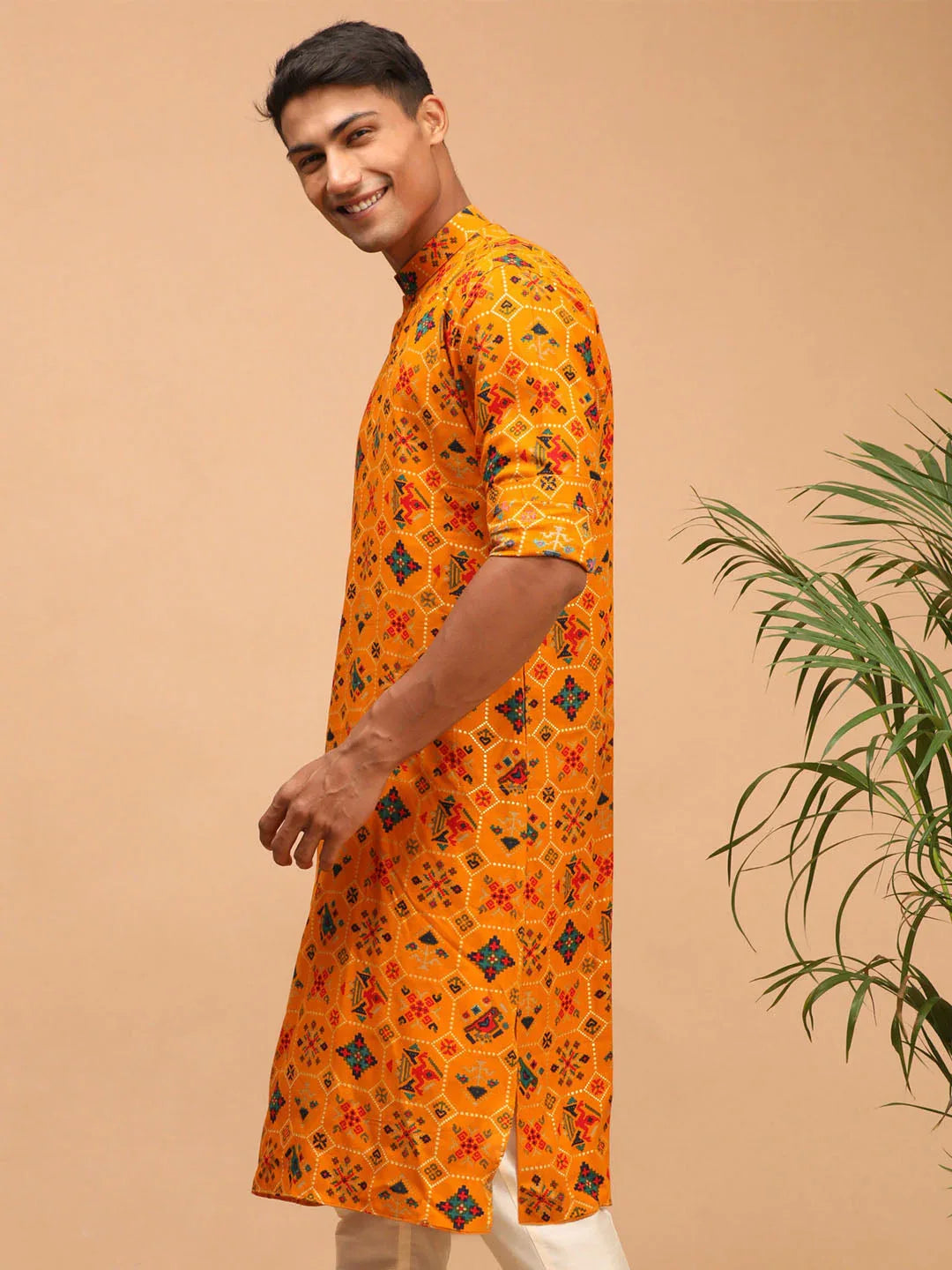 Men's Yellow Printed Rayon Kurta