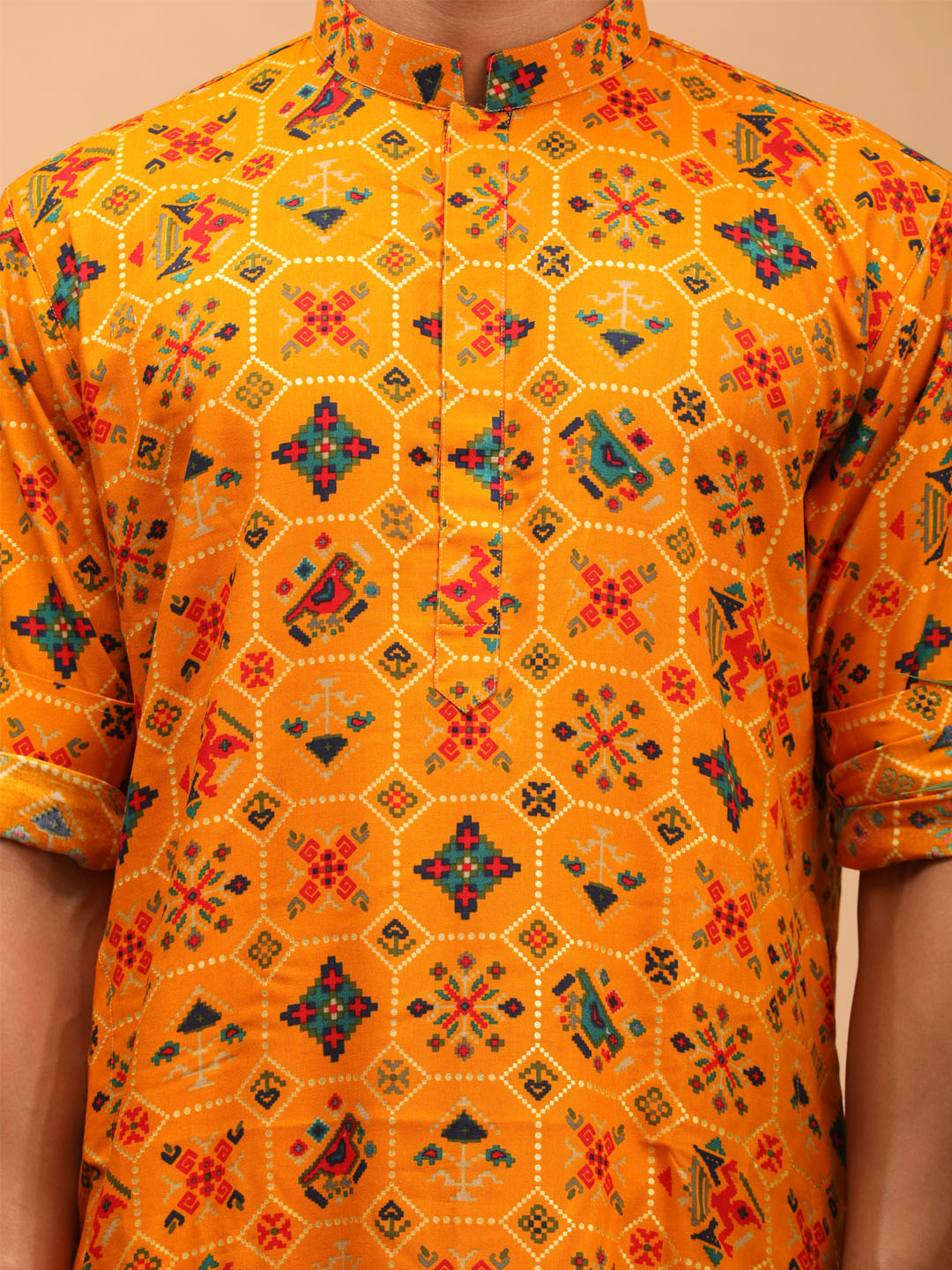 Men's Yellow Printed Rayon Kurta