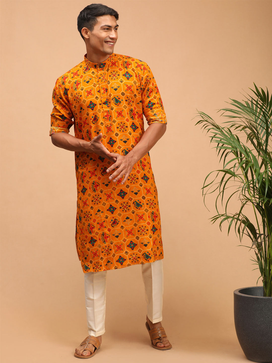 Men's Yellow Printed Rayon Kurta